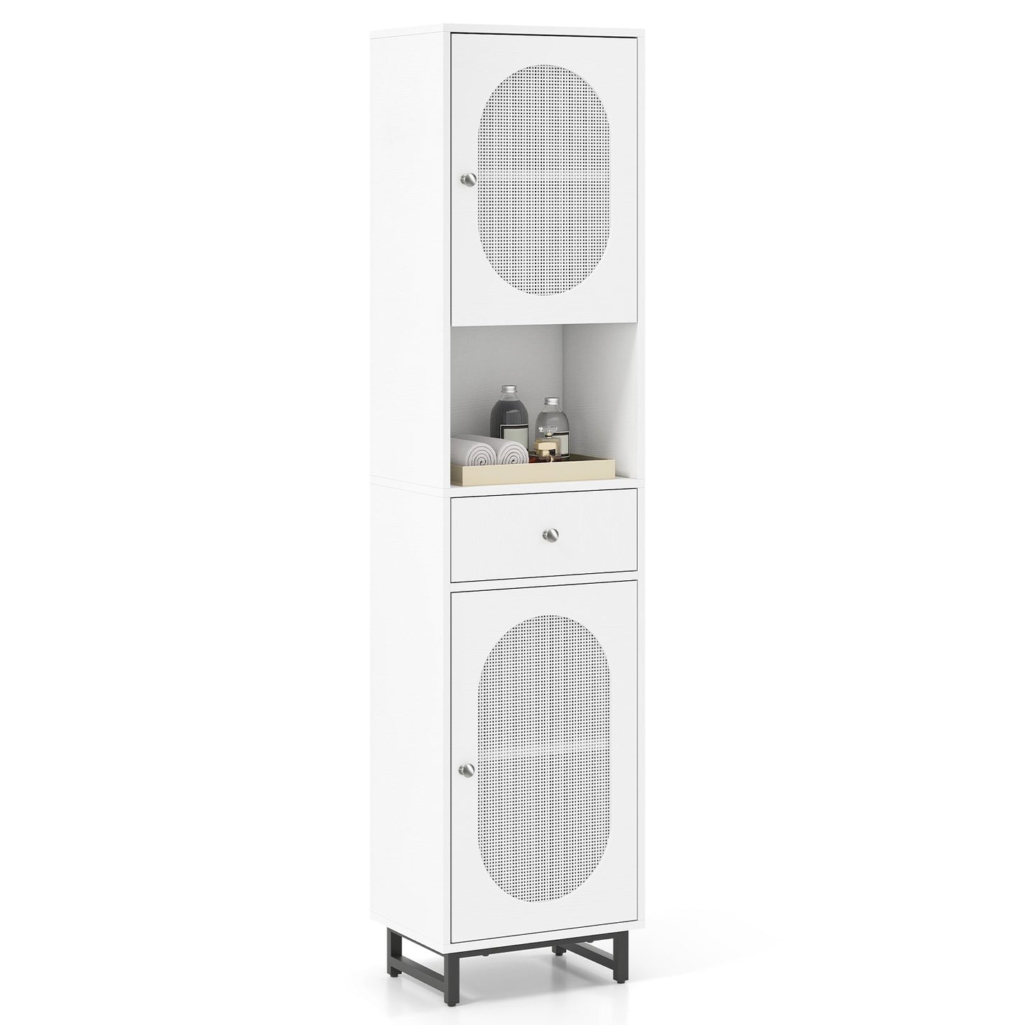 170cm Tall Bathroom Cabinet with 2 Doors and Open Compartment-Natural