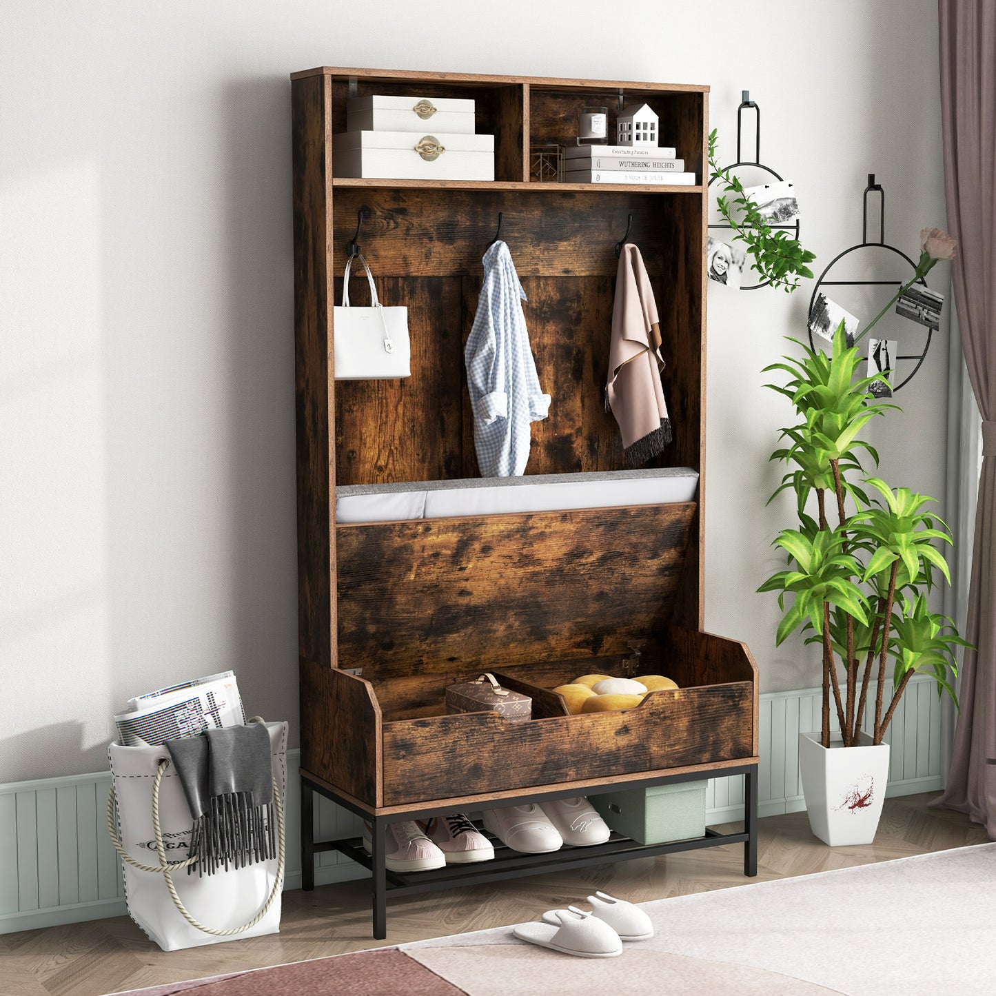 4-in-1 Coat Rack with Seat Cushion and Open Compartments-Black