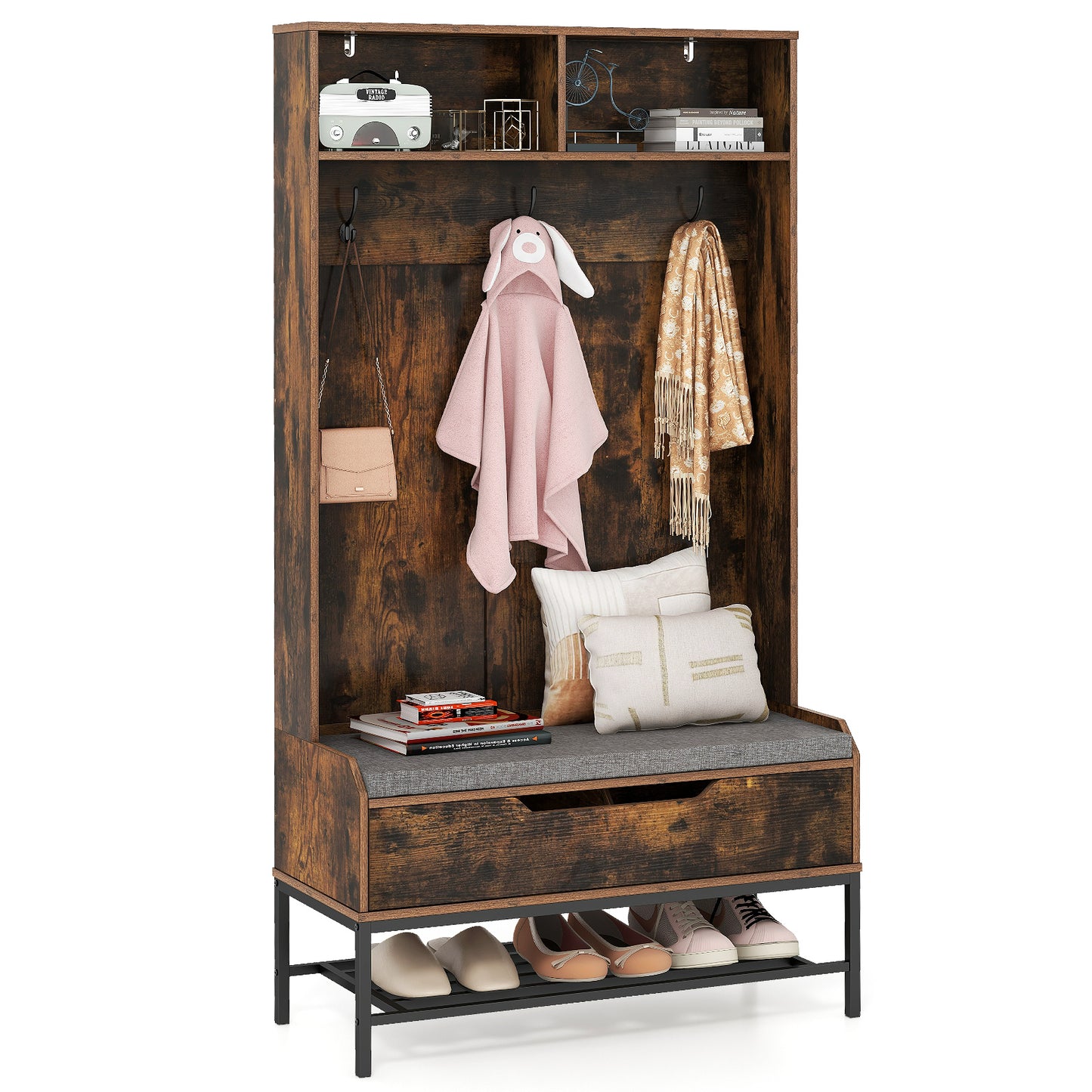 4-in-1 Coat Rack with Seat Cushion and Open Compartments-Black