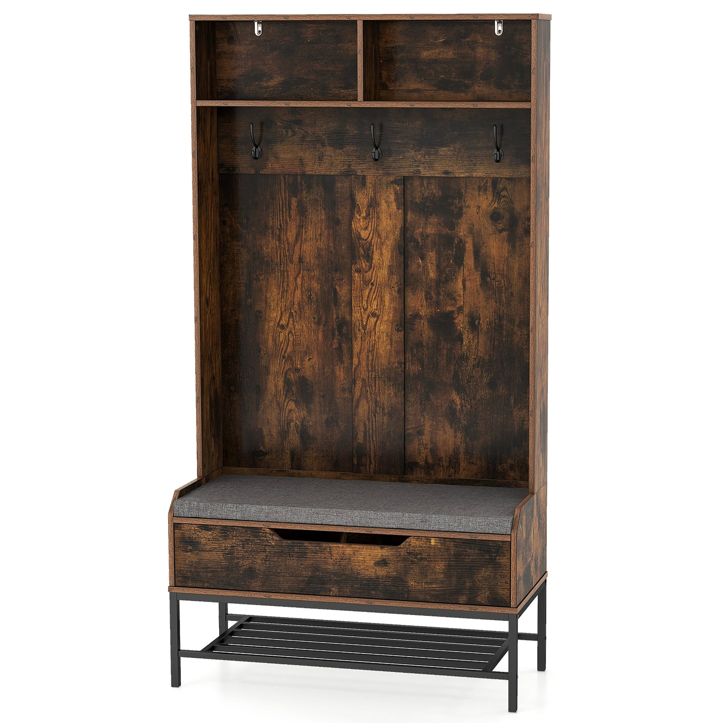 4-in-1 Coat Rack with Seat Cushion and Open Compartments-Black