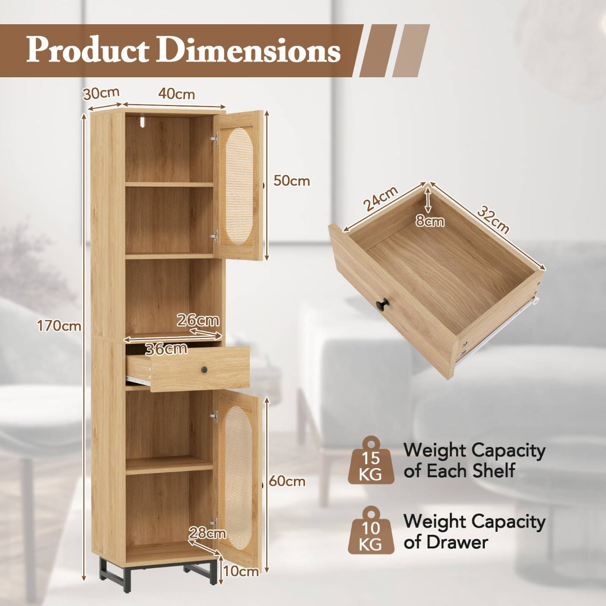 170cm Tall Bathroom Cabinet with 2 Doors and Open Compartment-Natural