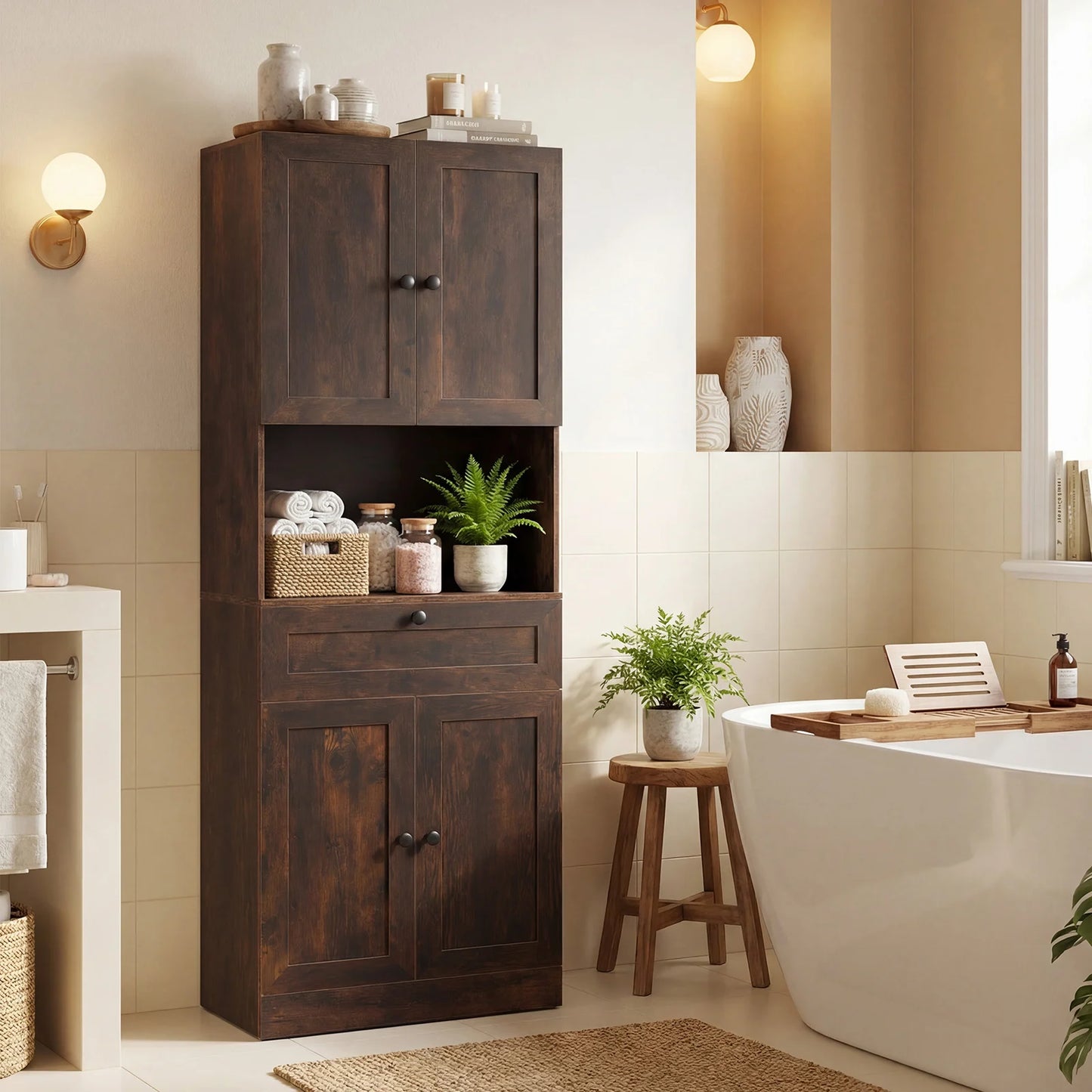 Tall Bathroom Cabinet Freestanding Storage Cabinet with 4 Doors and 1 Drawer-Black