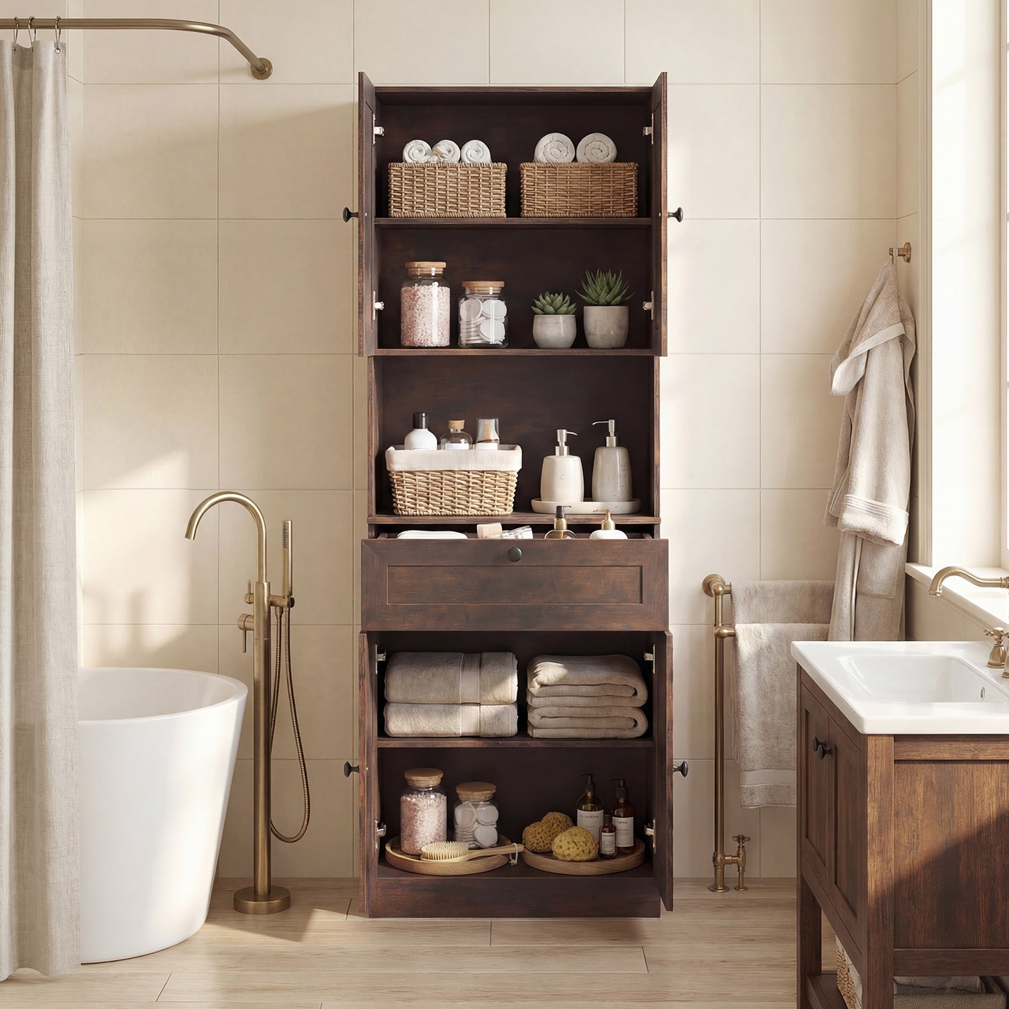 Tall Bathroom Cabinet Freestanding Storage Cabinet with 4 Doors and 1 Drawer-Black