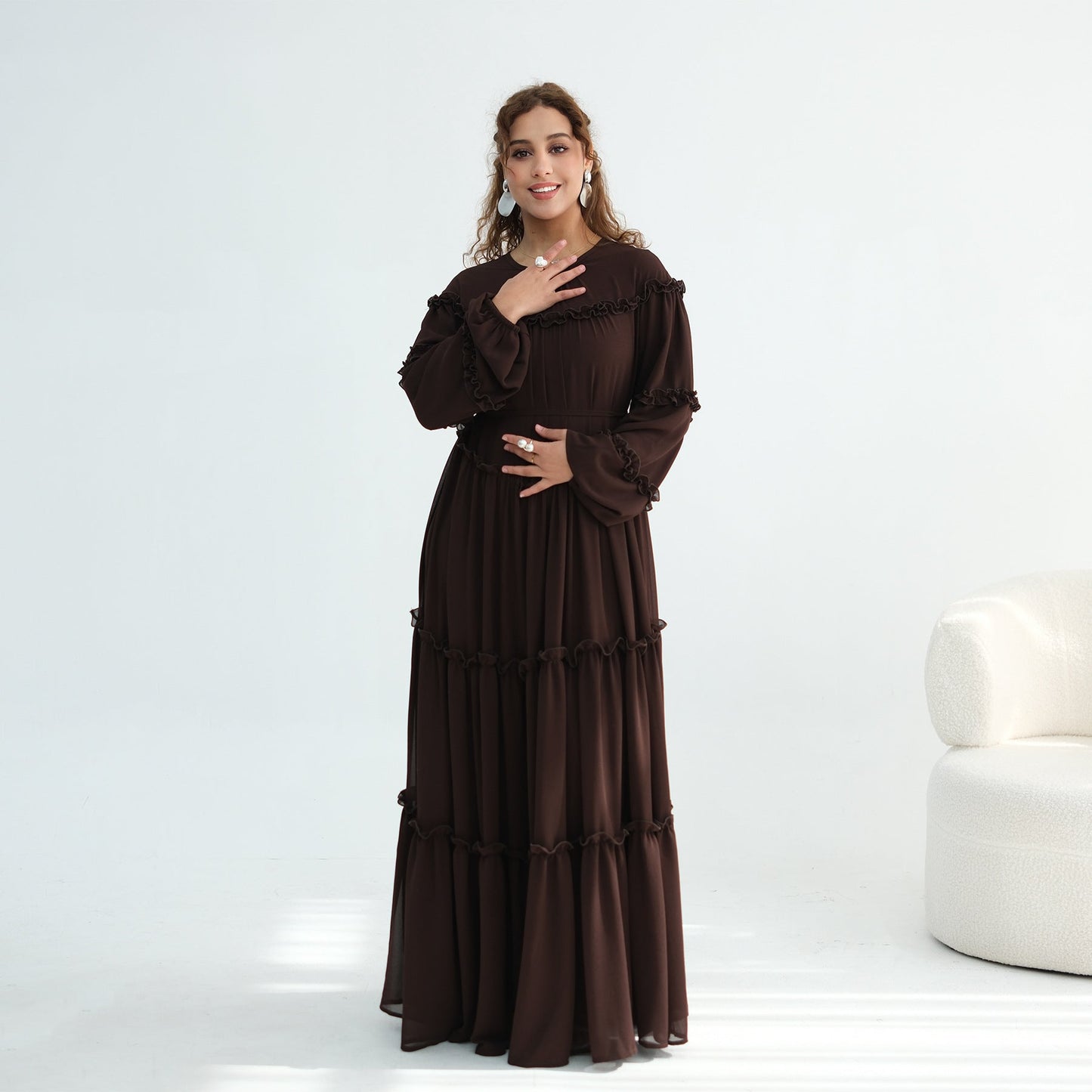 Lace-Trimmed Tiered Modest Dress - Long Sleeve A-Line Maxi