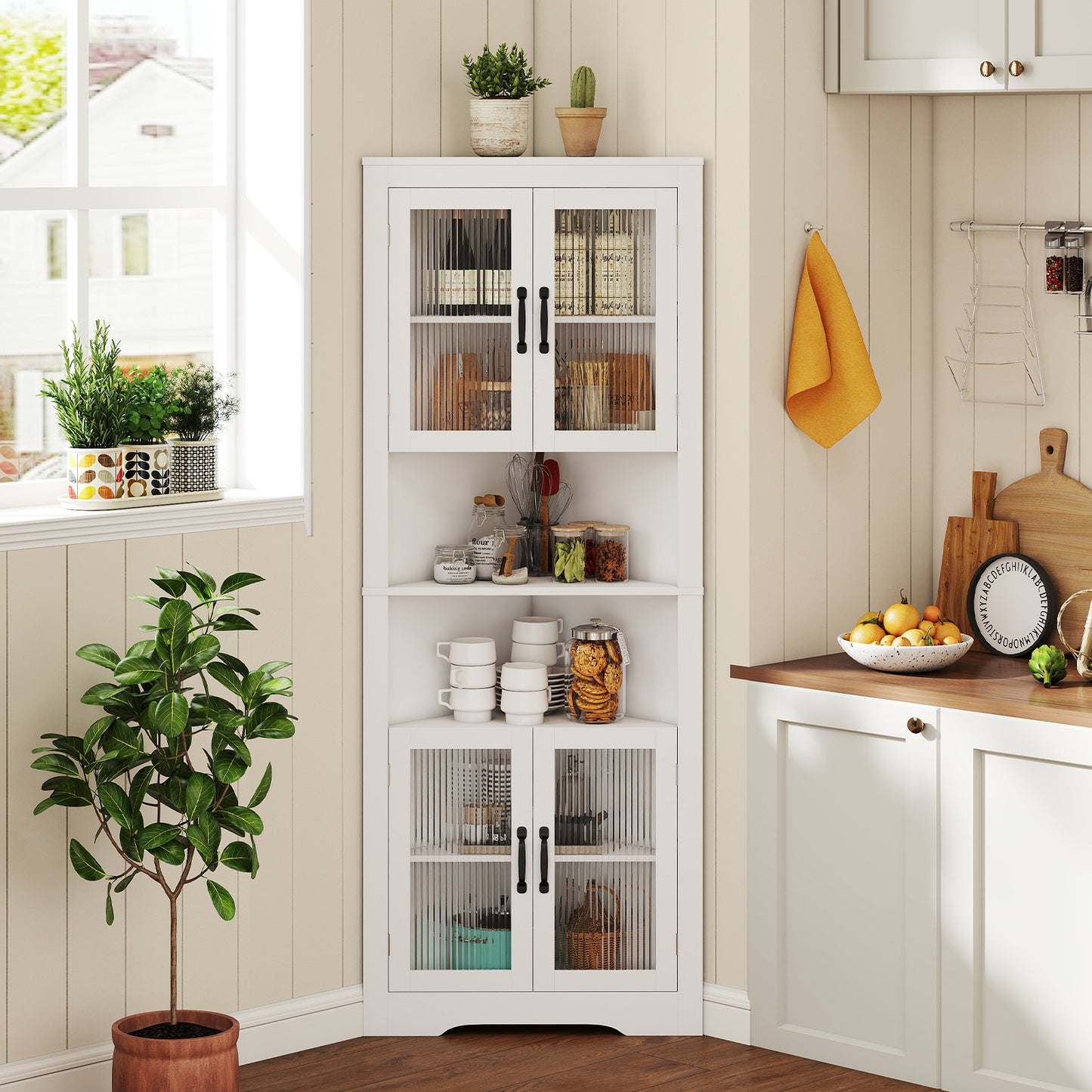 171cm Tall Space-saving Corner Cabinet with 4 Tempered Glass Doors and Adjustable Shelves-White