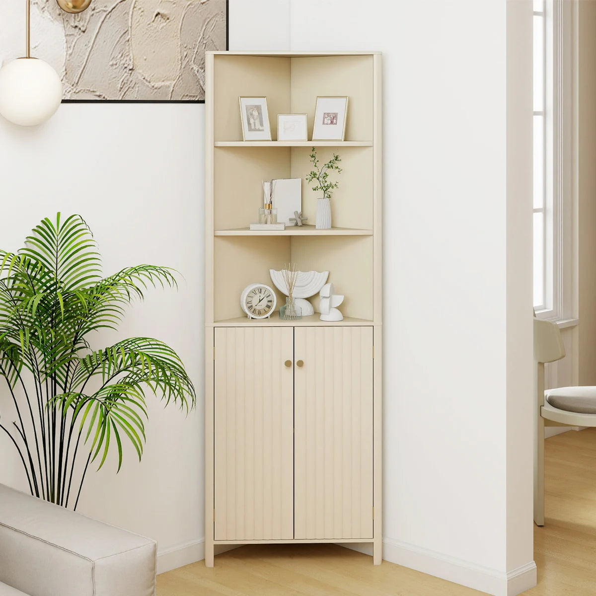 172 CM Tall Corner Cabinet with 5 Shelves and 2 Fluted Doors-Beige