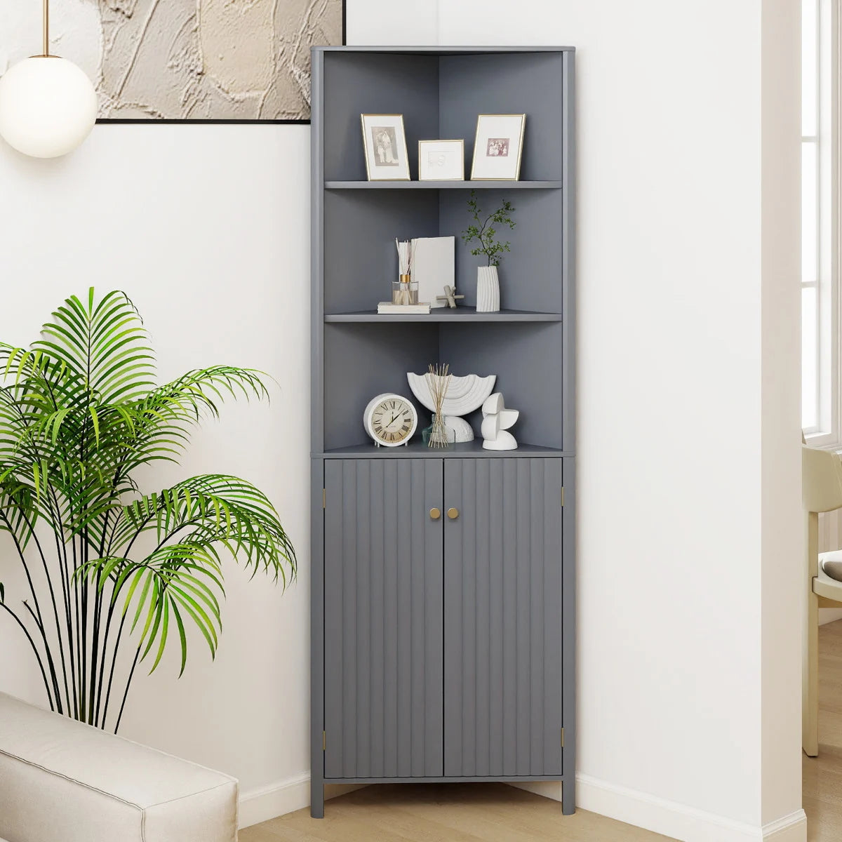 172 CM Tall Corner Cabinet with 5 Shelves and 2 Fluted Doors-Beige