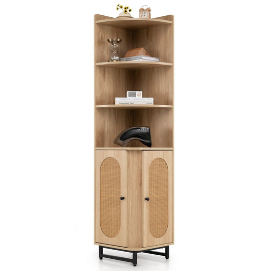 172 cm Tall PE Rattan Corner Cabinet with 2 Doors and 4 Open Shelves-Natural