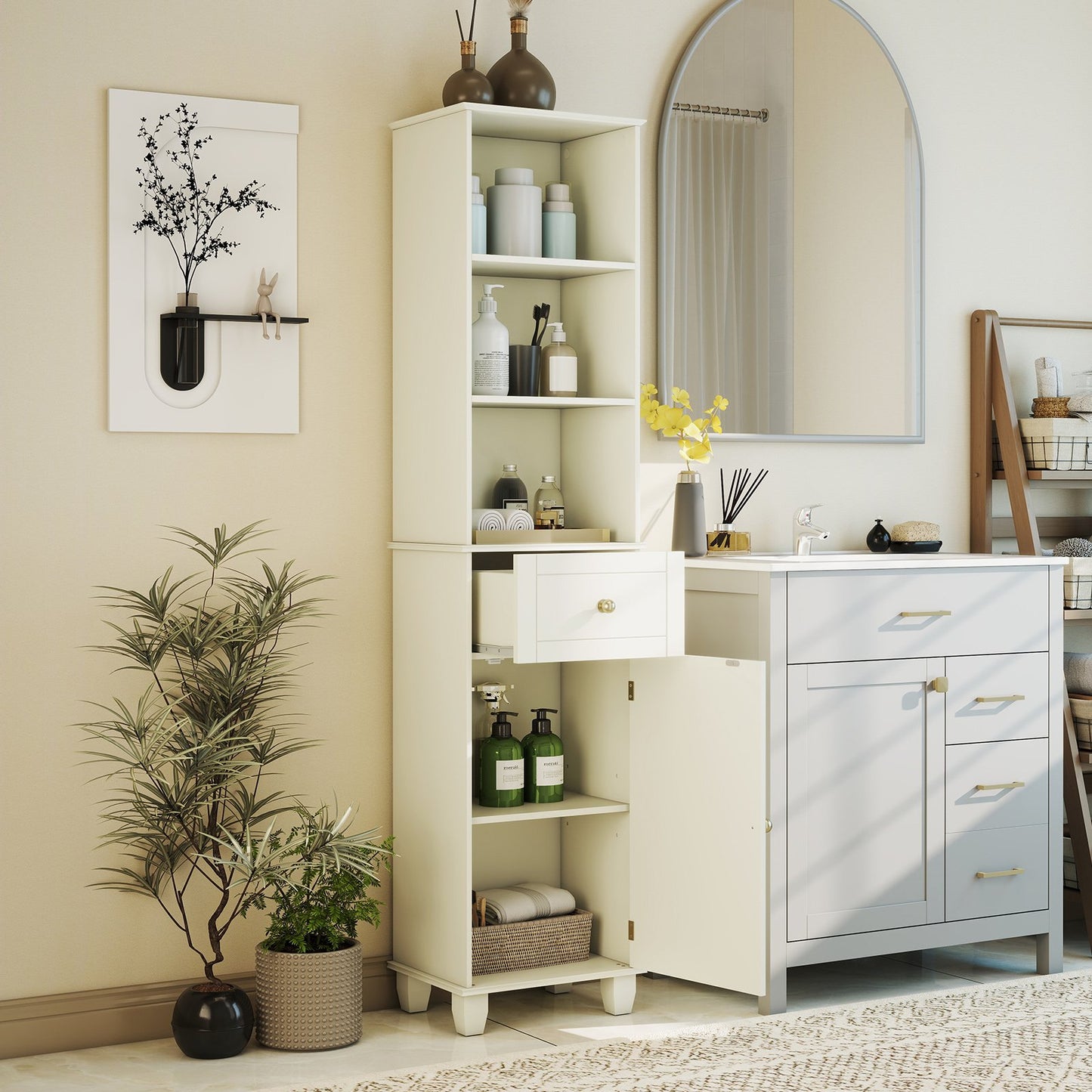172cm Tall Bathroom Cabinet with Drawer and 3 Open Shelves-Black