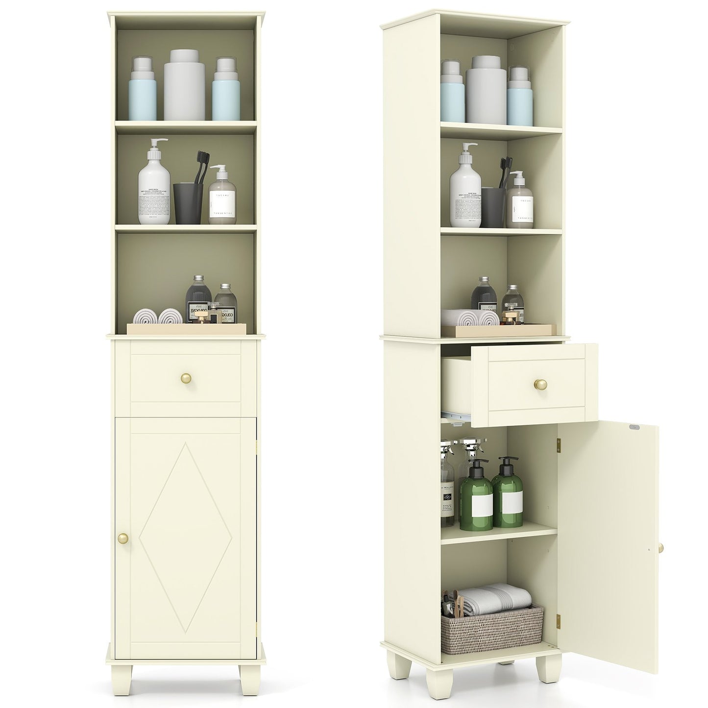 172cm Tall Bathroom Cabinet with Drawer and 3 Open Shelves-Black
