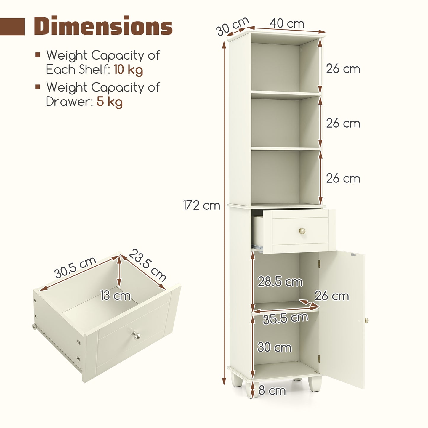 172cm Tall Bathroom Cabinet with Drawer and 3 Open Shelves-Black