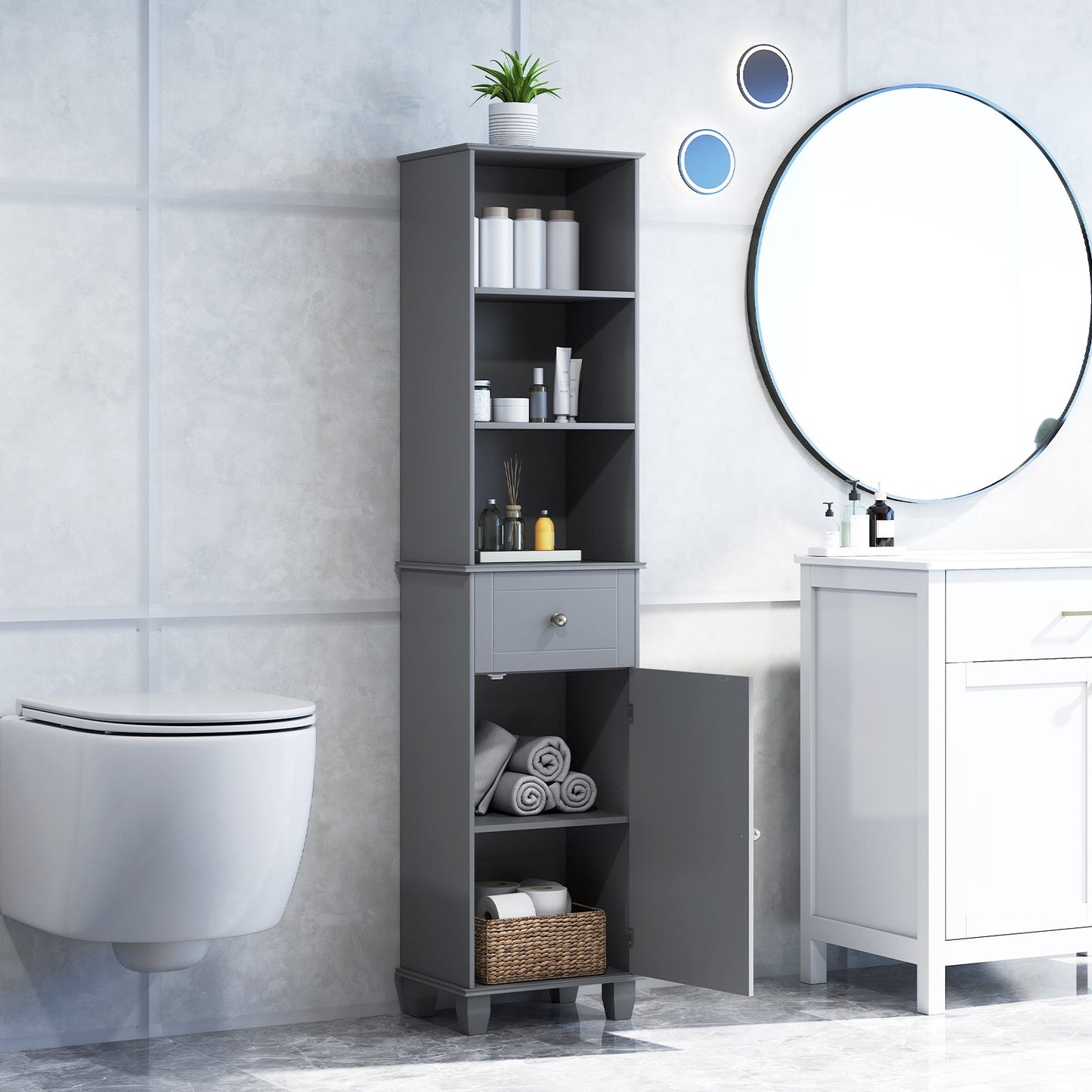 172cm Tall Bathroom Cabinet with Drawer and 3 Open Shelves-Black