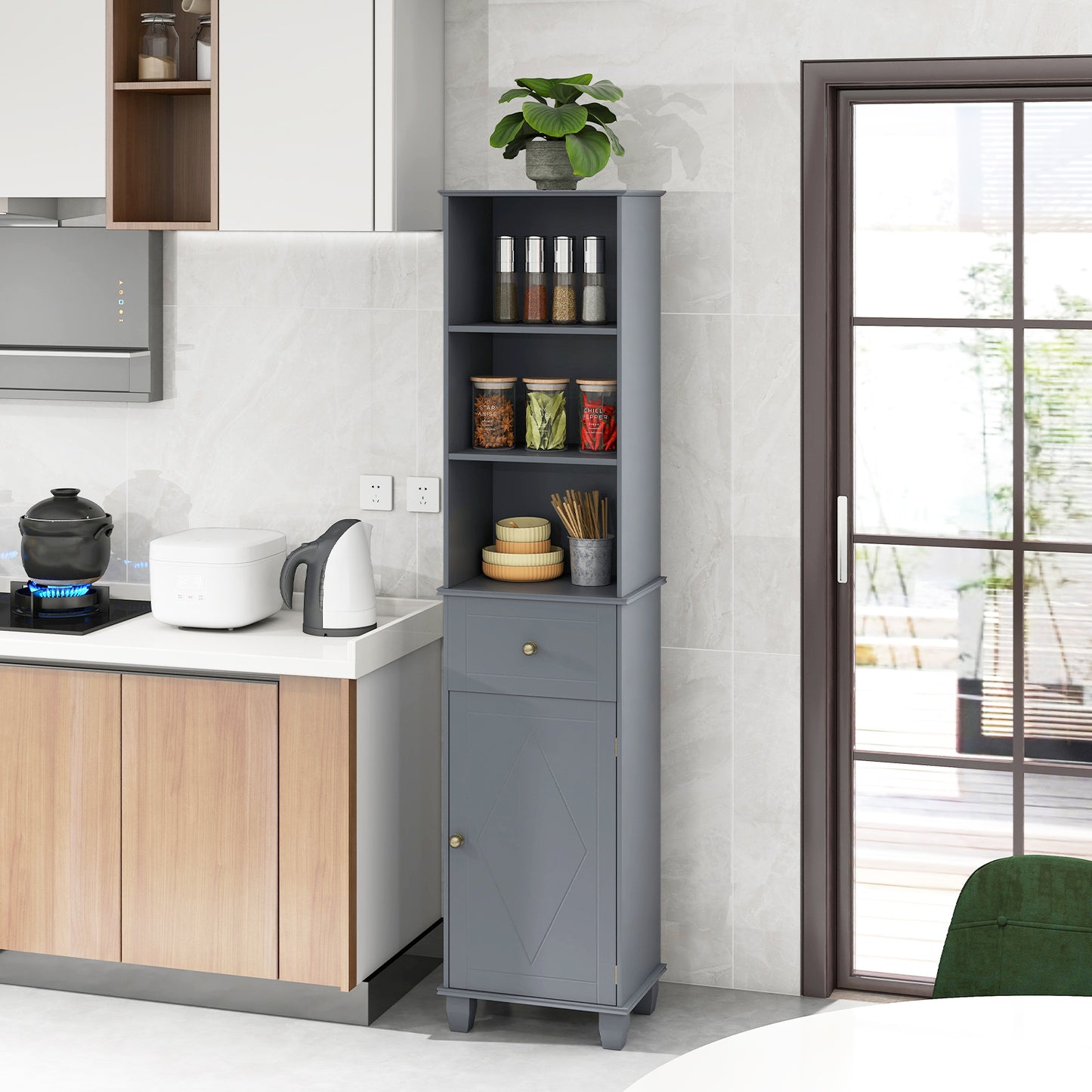 172cm Tall Bathroom Cabinet with Drawer and 3 Open Shelves-Black