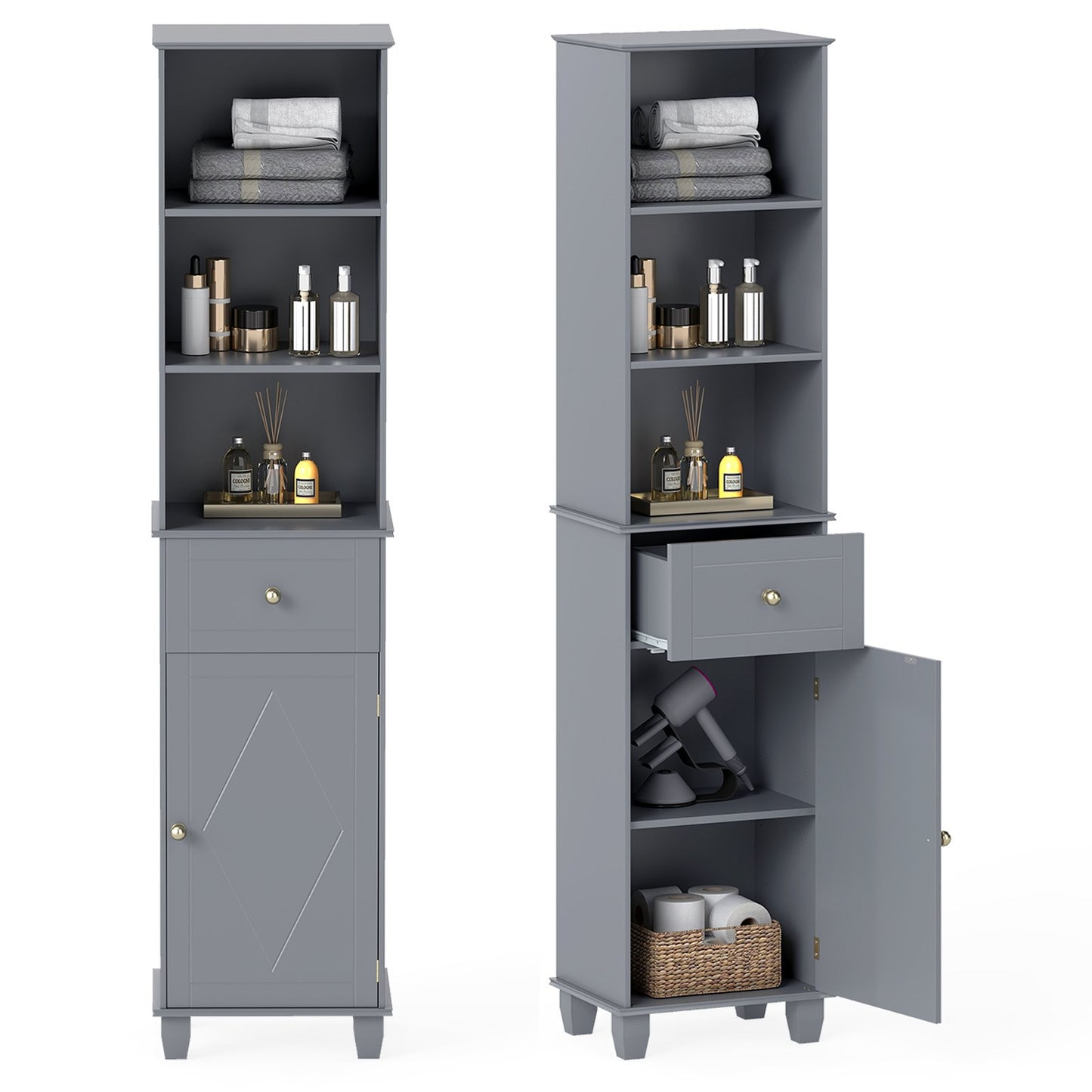 172cm Tall Bathroom Cabinet with Drawer and 3 Open Shelves-Black