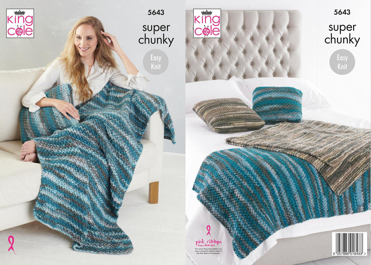 King Cole Knitting Pattern Easy Knit 2 Styles Throw and 2 Styles Cushion in Quartz Super Chunky 5643