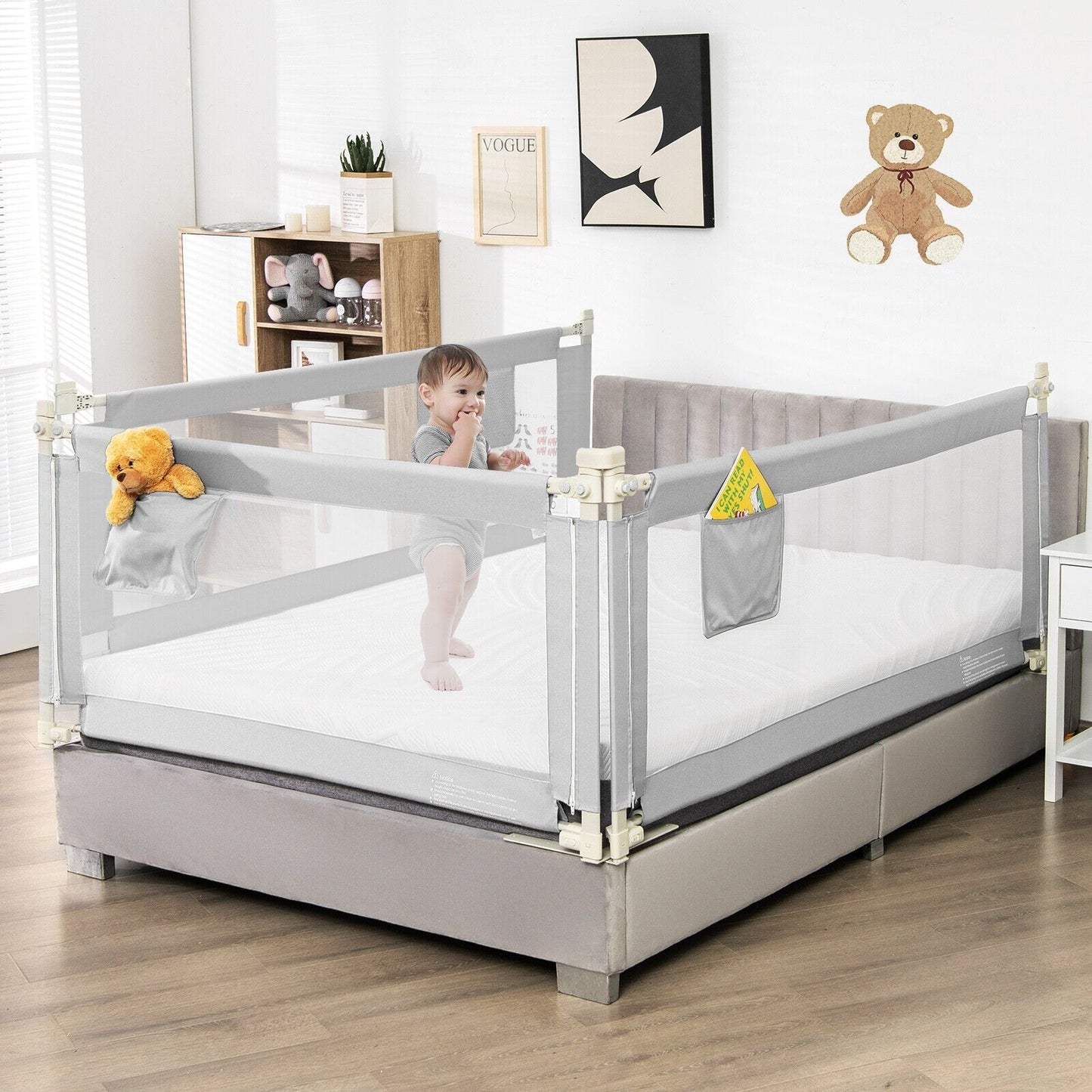 175 cm Infant Safety Bed Guardrail with Anti-Collision Cotton and Side Pocket-Blue