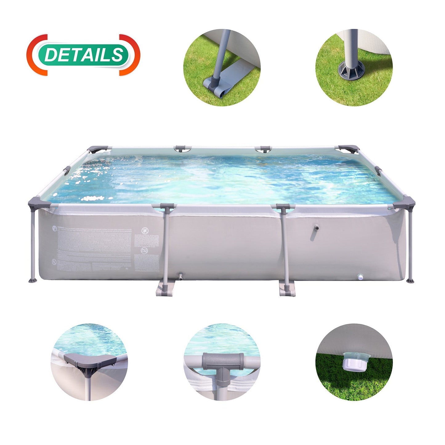 10 Feet Rectangular Large Frame Above Ground Swimming Pool - Grey