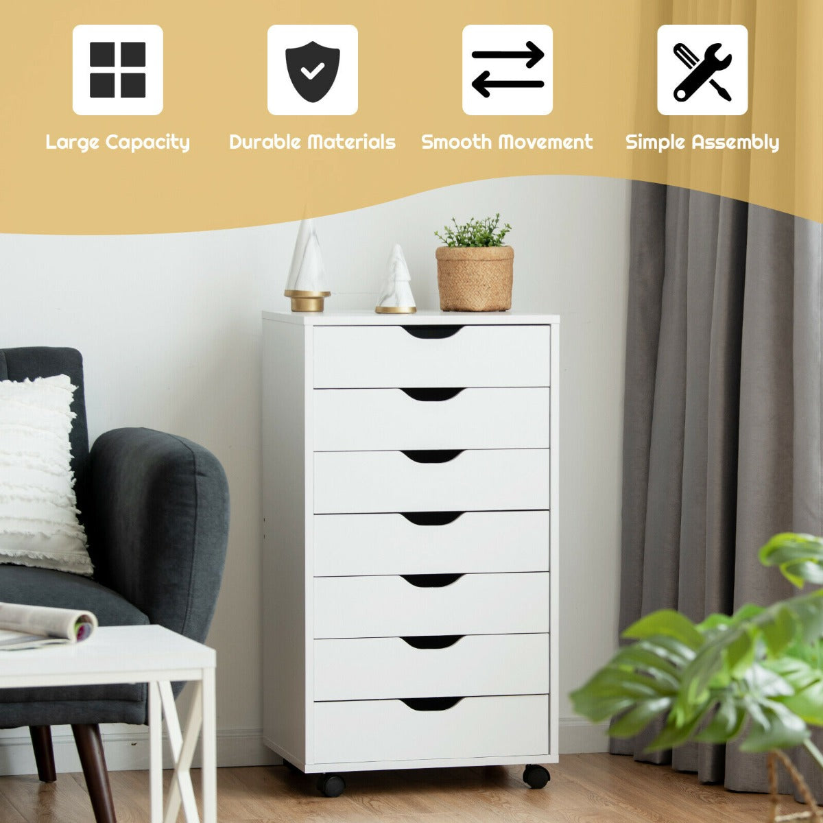 Mobile File Cabinet on Wheels with 7 Drawers-Black