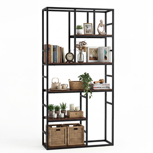 180CM Tall Bookshelf with Open Display Shelf and Metal Frame-Rustic Brown