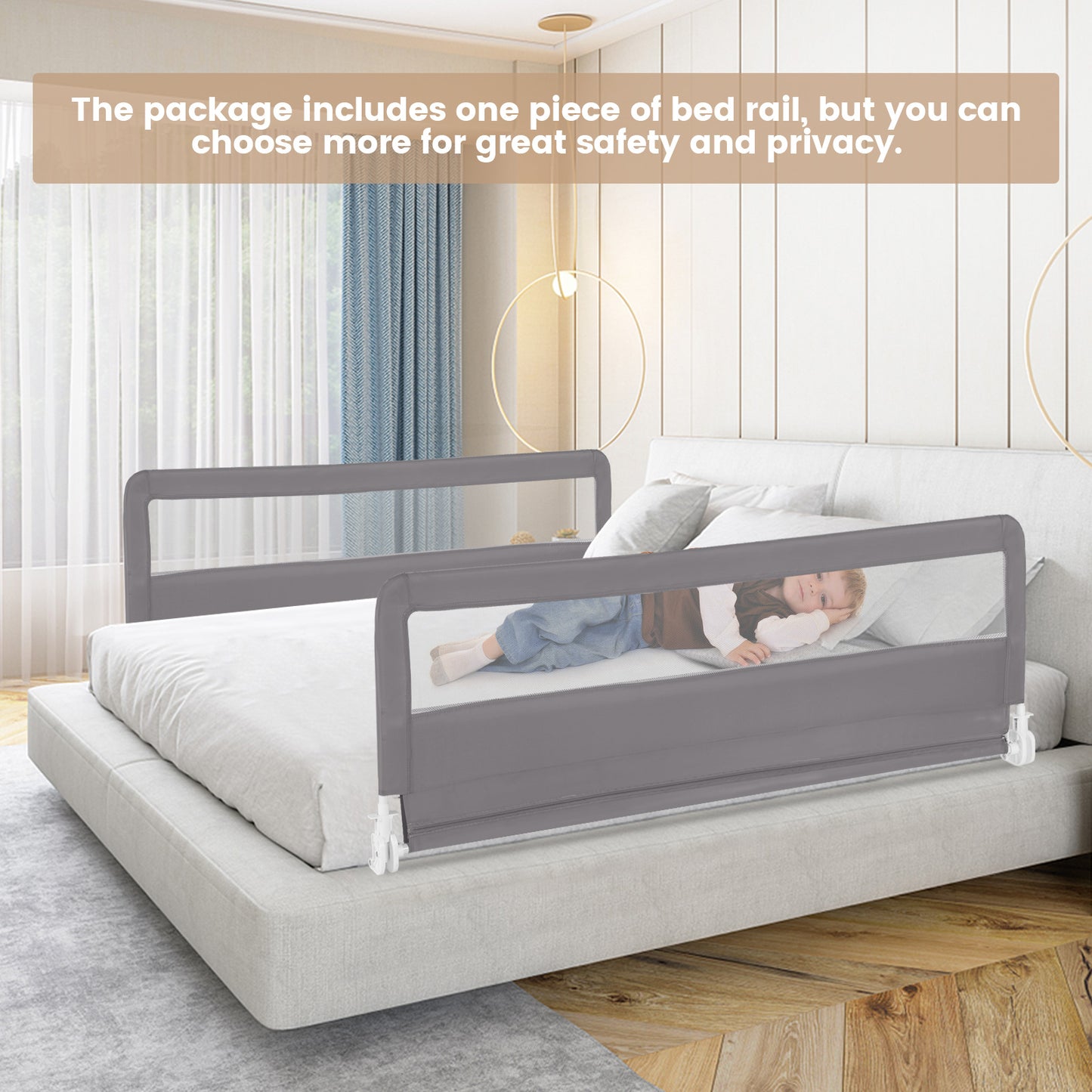 180CM Foldable Baby Bed Rail Guard with Removable Cover and Safety Strap-Beige
