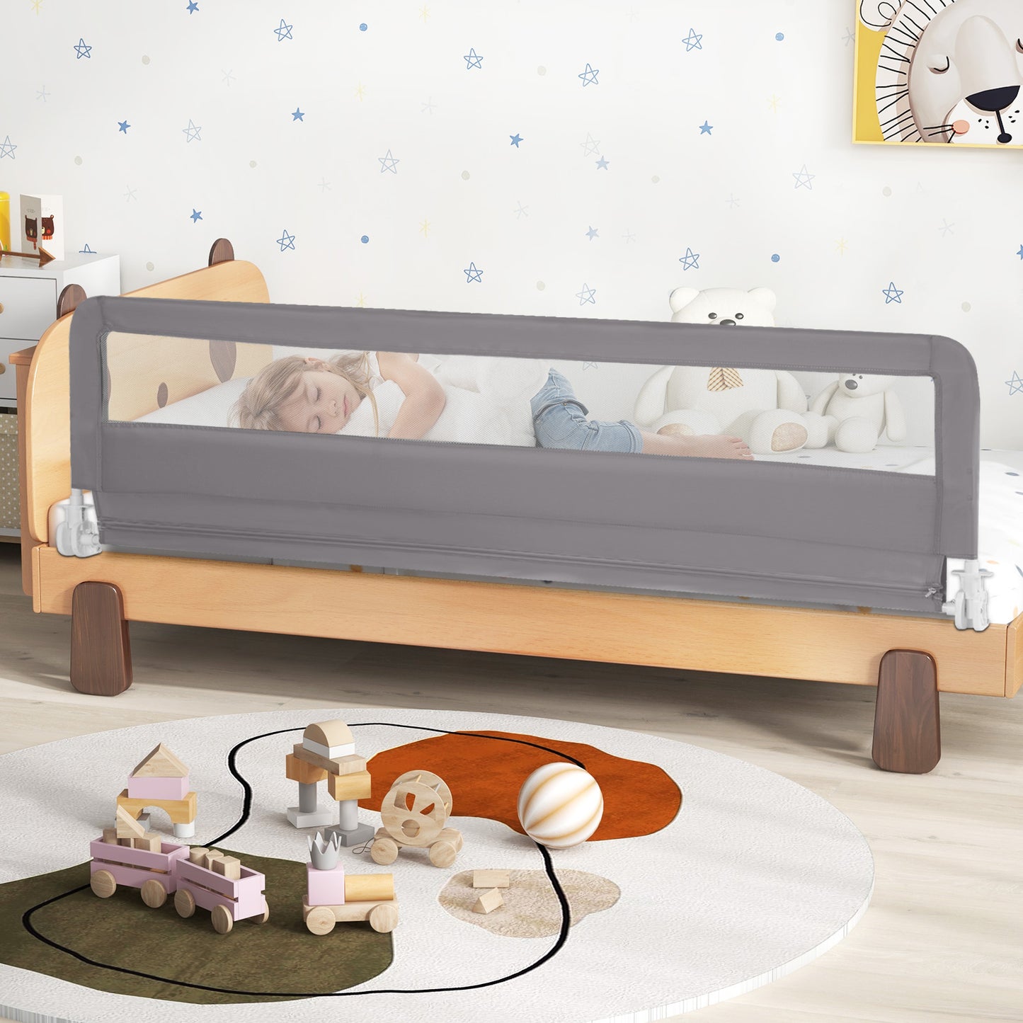 180CM Foldable Baby Bed Rail Guard with Removable Cover and Safety Strap-Beige