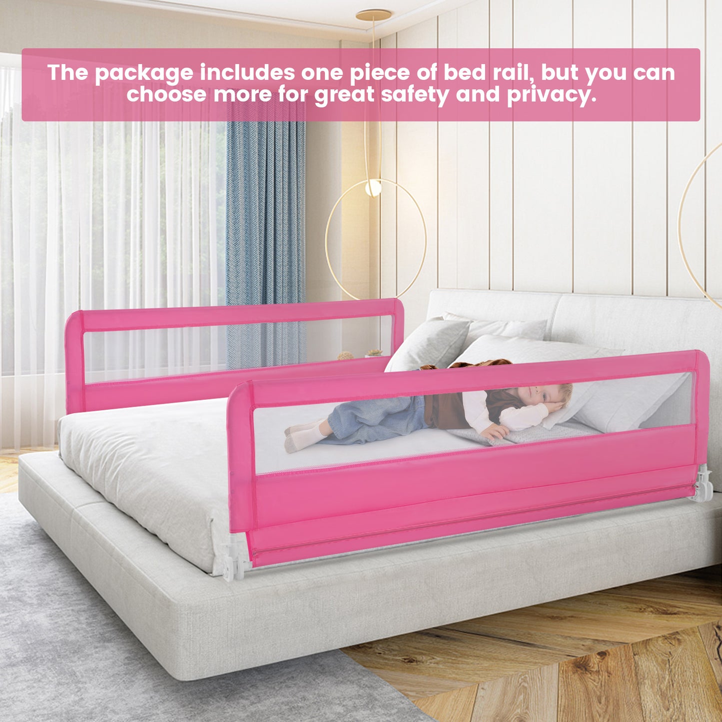 180CM Foldable Baby Bed Rail Guard with Removable Cover and Safety Strap-Beige