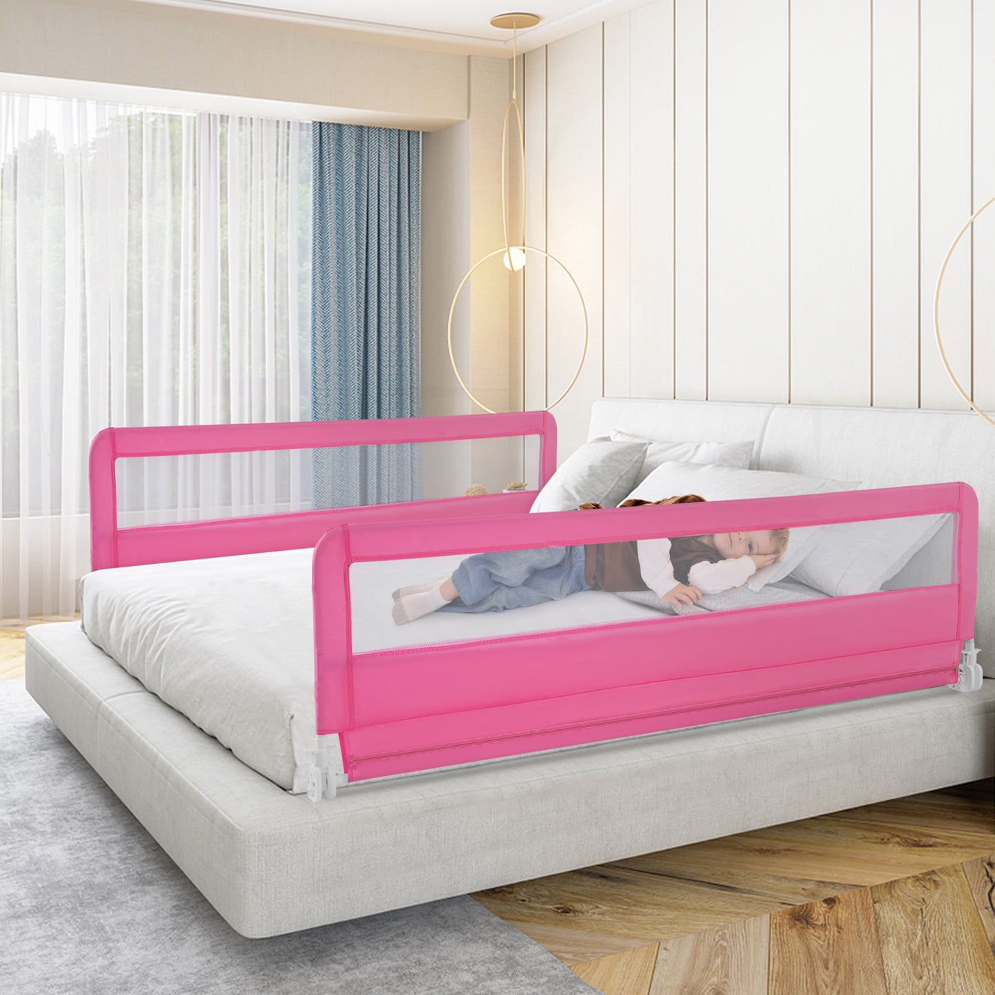 180CM Foldable Baby Bed Rail Guard with Removable Cover and Safety Strap-Beige