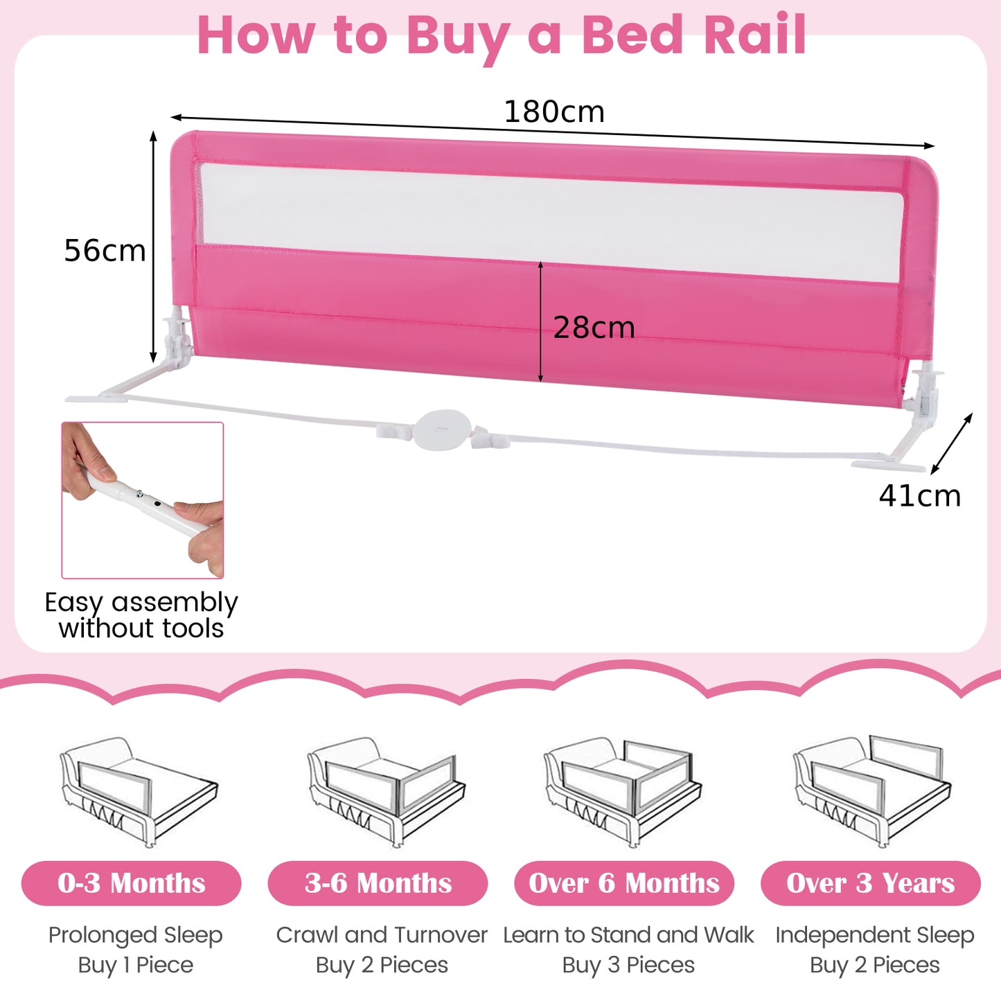 180CM Foldable Baby Bed Rail Guard with Removable Cover and Safety Strap-Beige