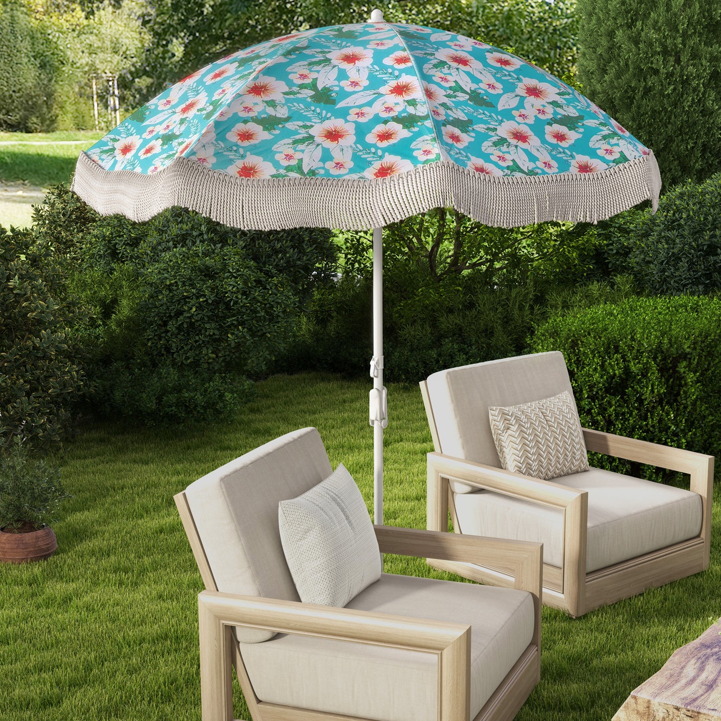 180 cm Outdoor Fringe Patio Umbrella with Carrying Bag-Blue