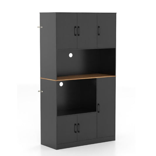 180 cm Tall Pantry Cabinet with Power Outlet and Microwave Stand-Black