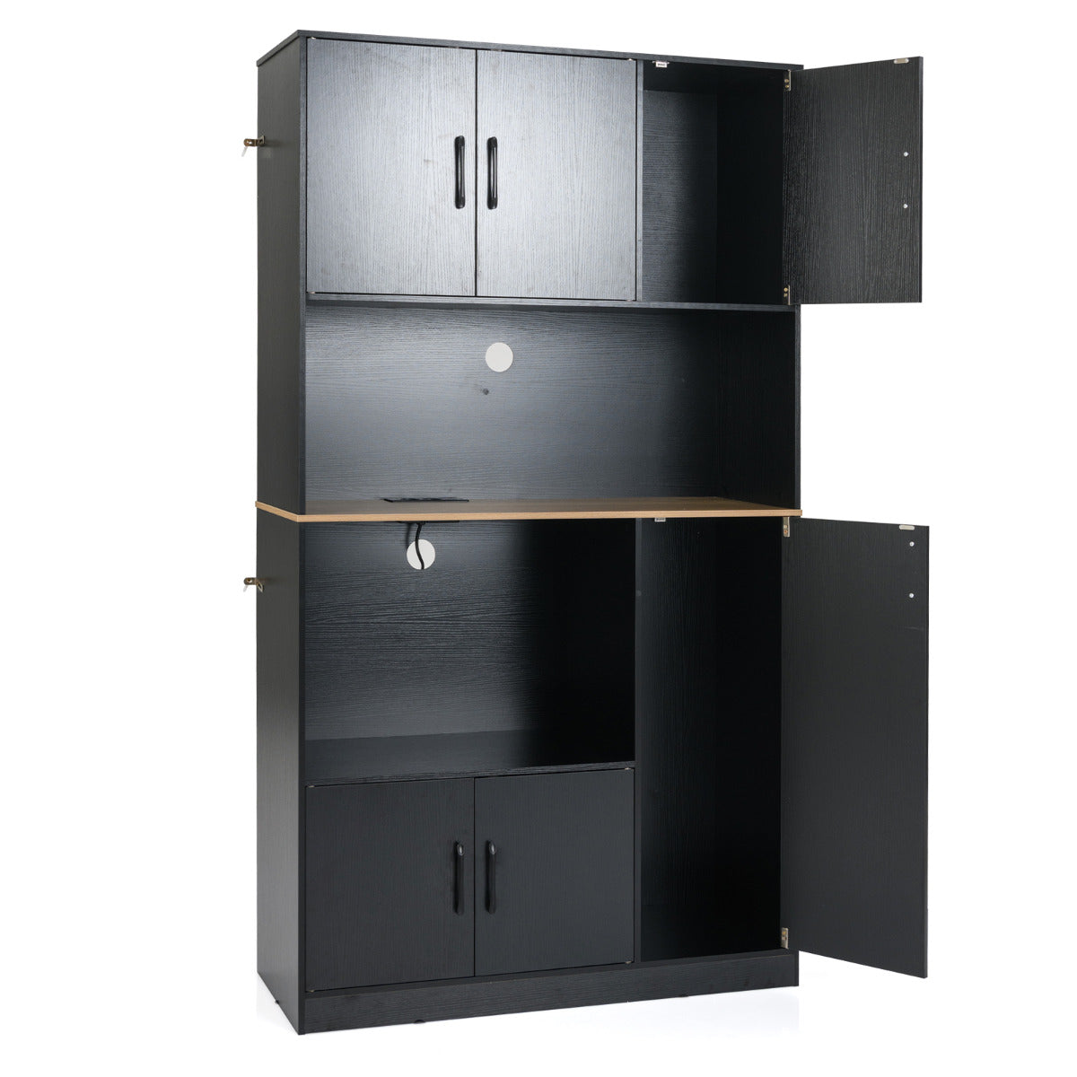 180 cm Tall Pantry Cabinet with Power Outlet and Microwave Stand-Black
