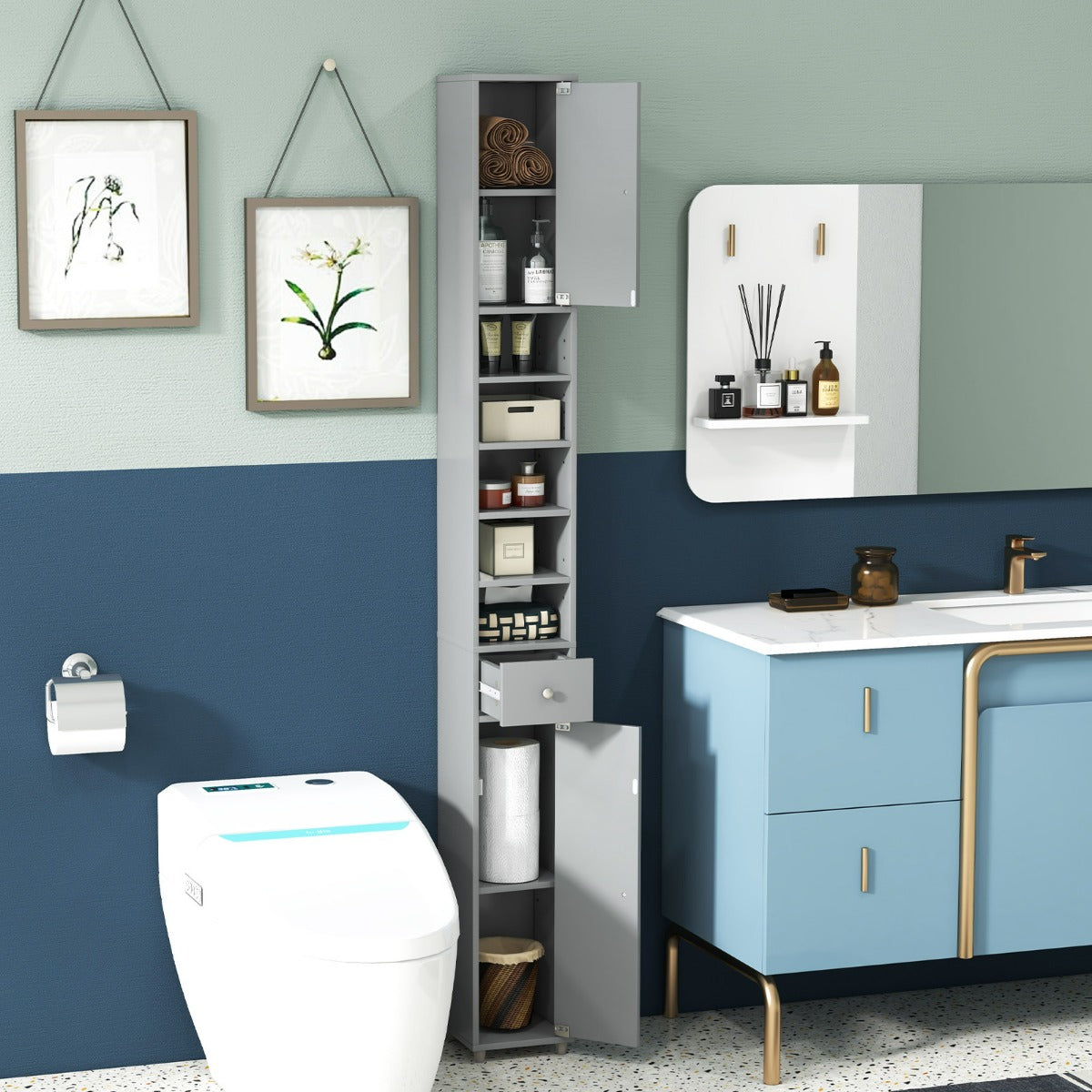 180CM Tall Freestanding Bathroom Cabinet with 2 Doors and 1 Drawer-White