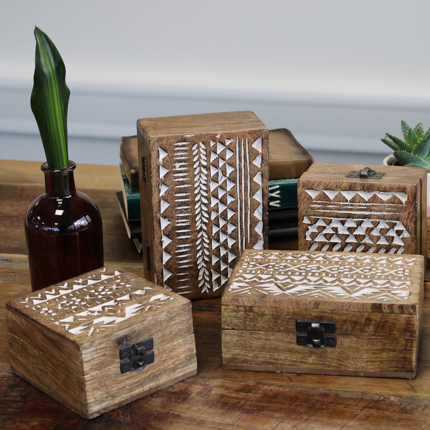 White Washed Wooden Box - Pill Box Aztec Design