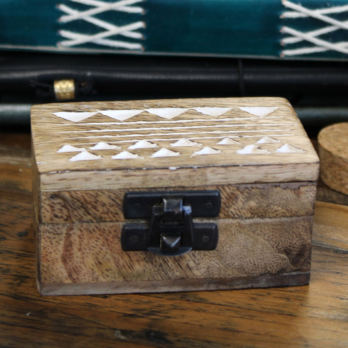 White Washed Wooden Box - Pill Box Aztec Design