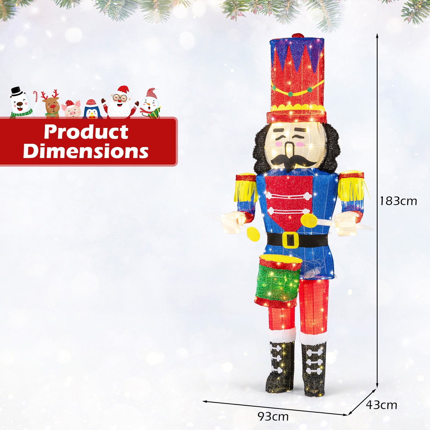 183 cm Lighted Nutcracker with 203 LED Lights and Elegant Hat