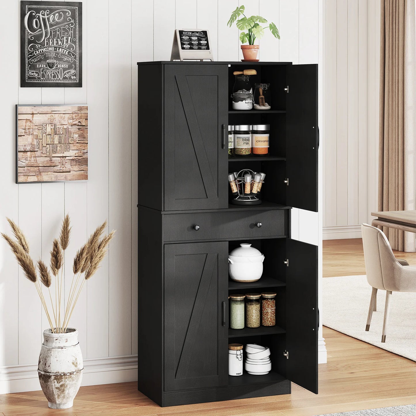 183cm Tall Kitchen Pantry with 4 Barn Doors and 3 Adjustable Shelves-Black