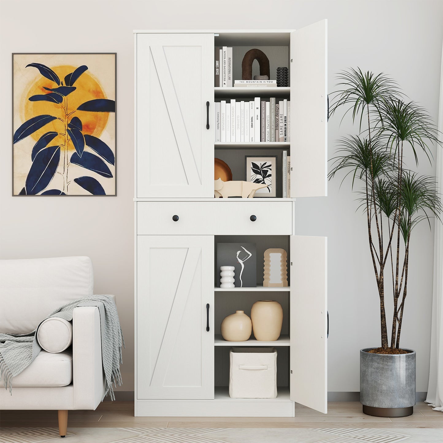 183cm Tall Kitchen Pantry with 4 Barn Doors and 3 Adjustable Shelves-White