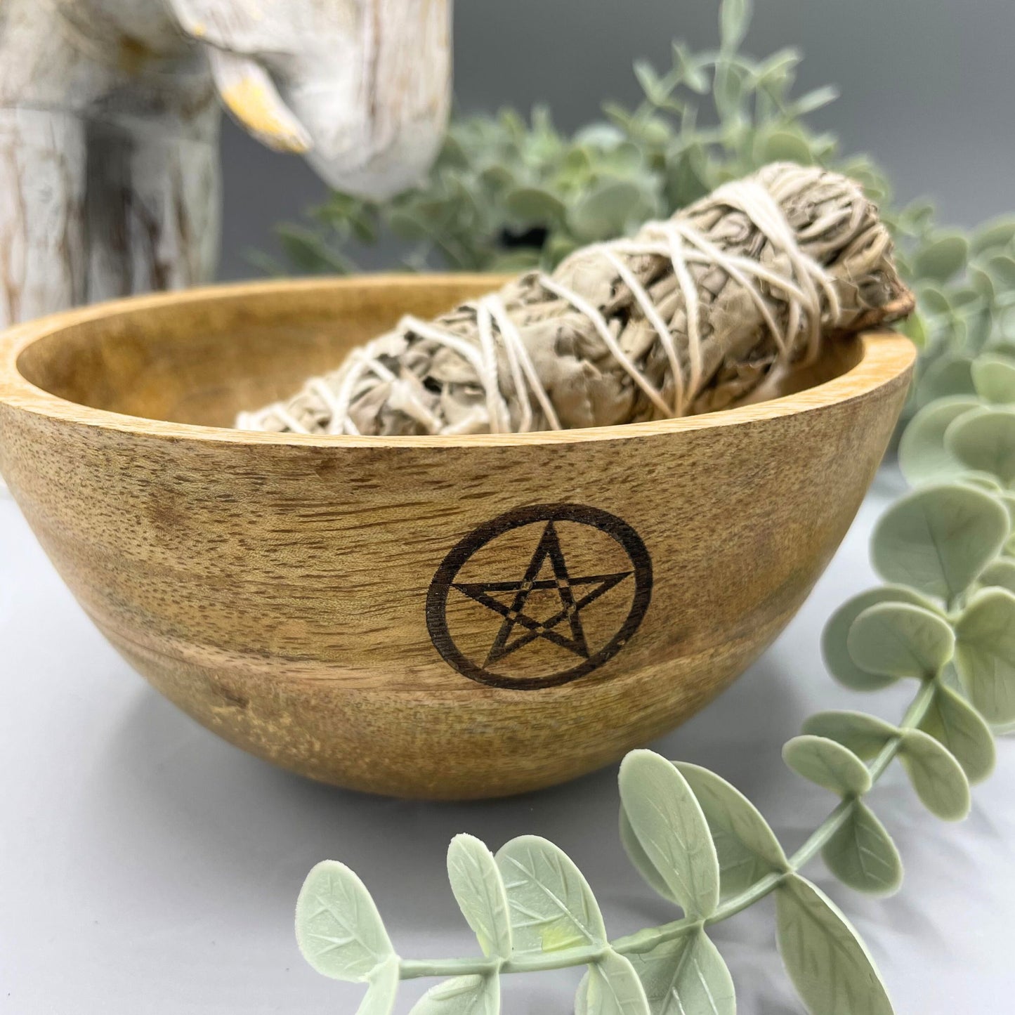 Wooden Smudge and Ritual Offerings Bowl - Pentagram - 13x7cm