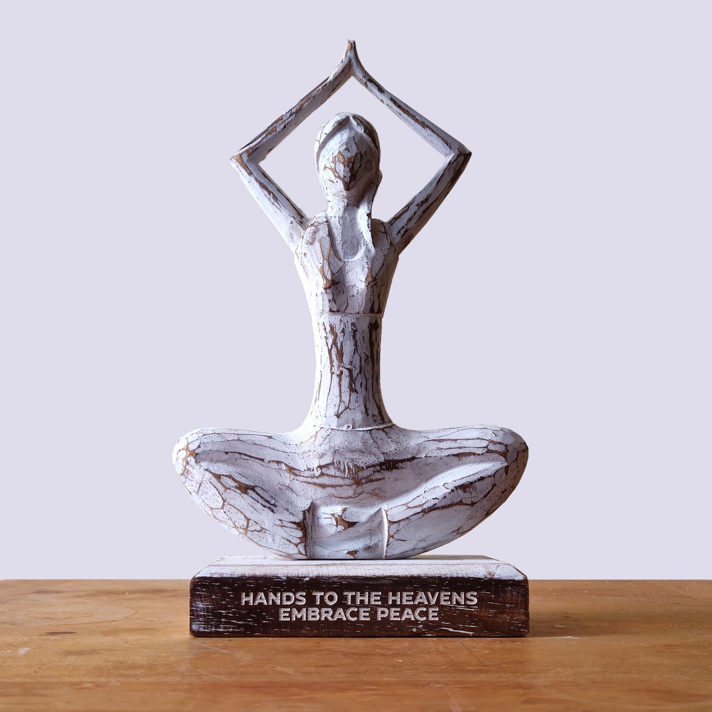 Wooden Yoga Lady - Whitewash - Hands Up Pose - "Hands to the Heavens Embrace Peace"