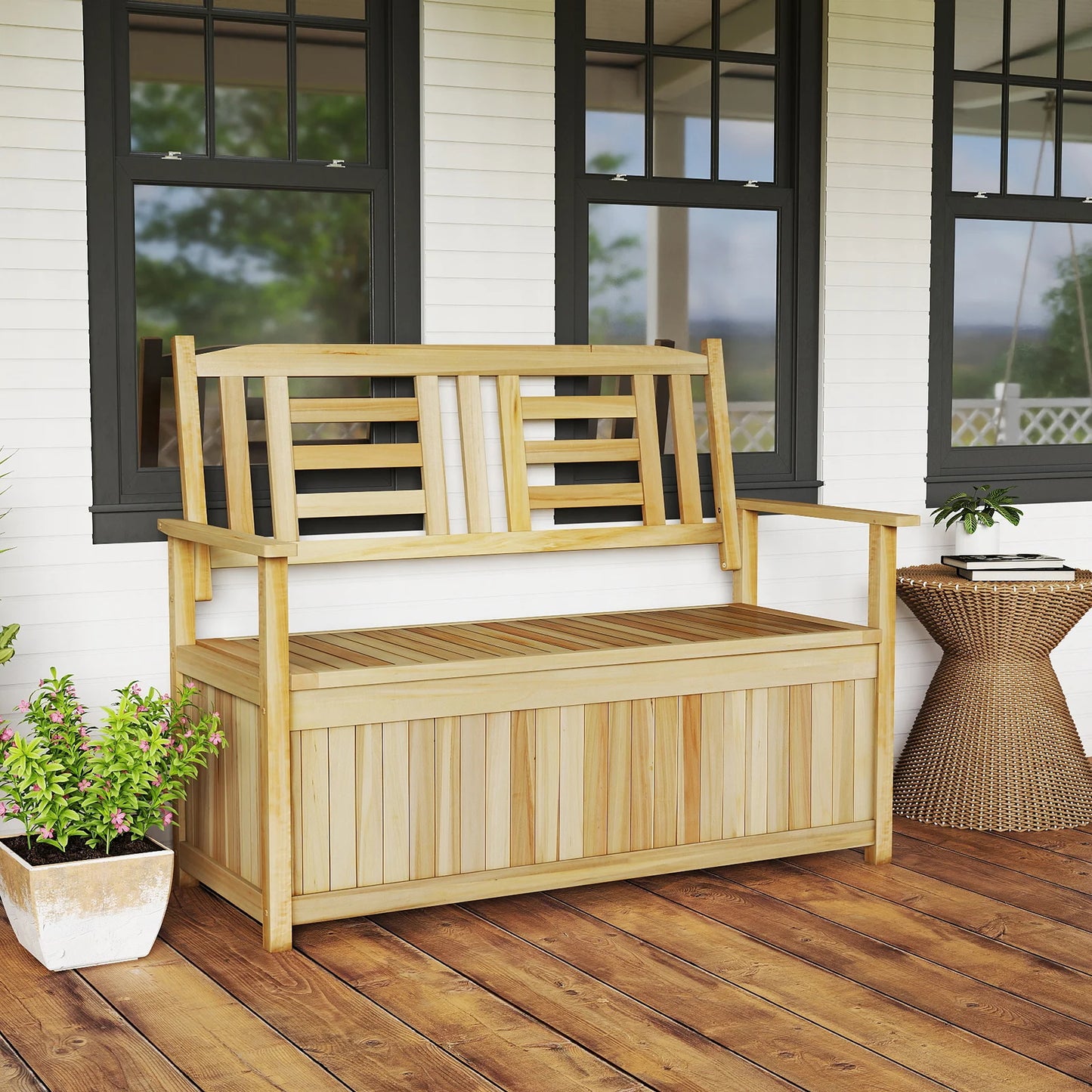 185L Patio Storage Bench Solid Wood Storage Loveseat with Backrest and Armrests-White