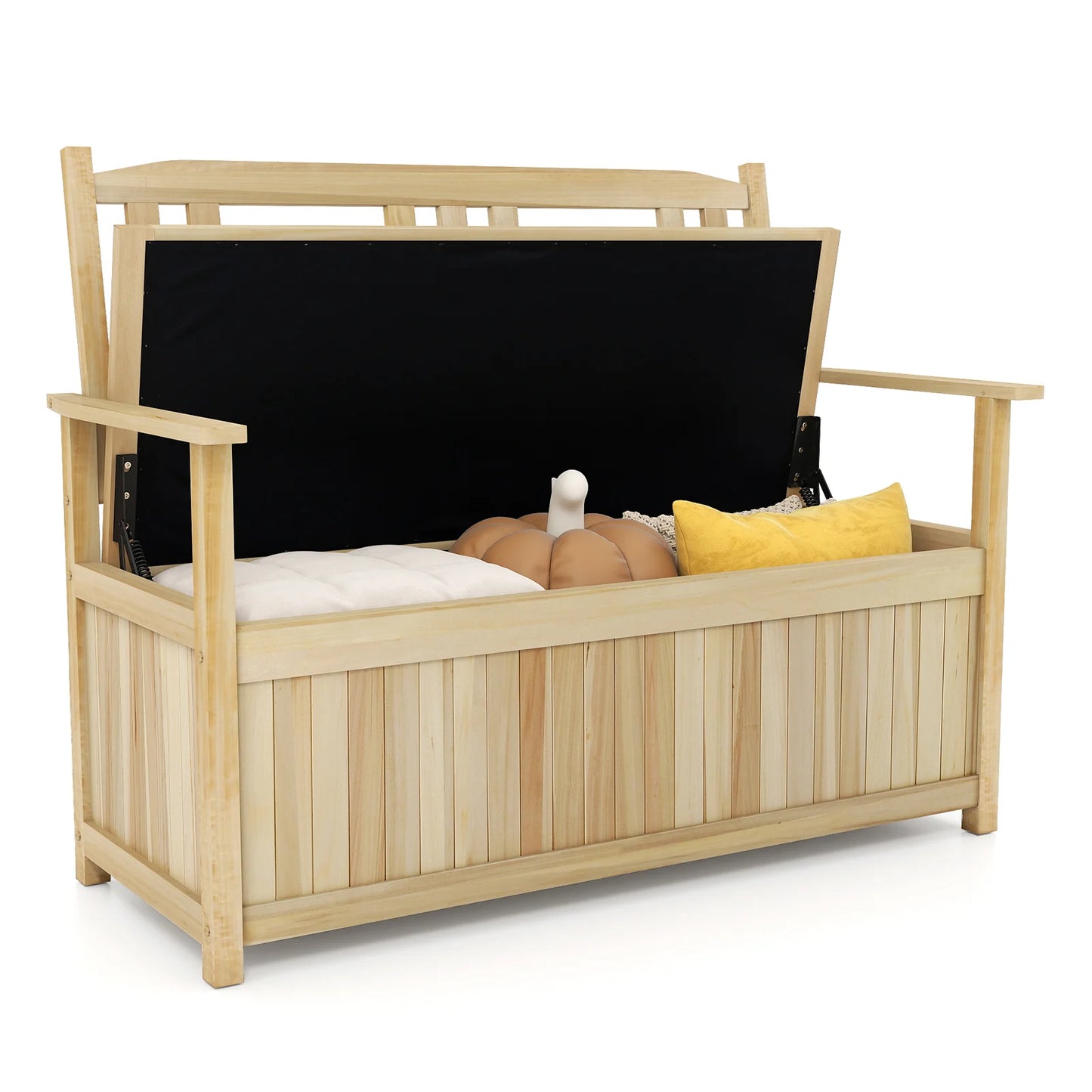 185L Patio Storage Bench Solid Wood Storage Loveseat with Backrest and Armrests-White