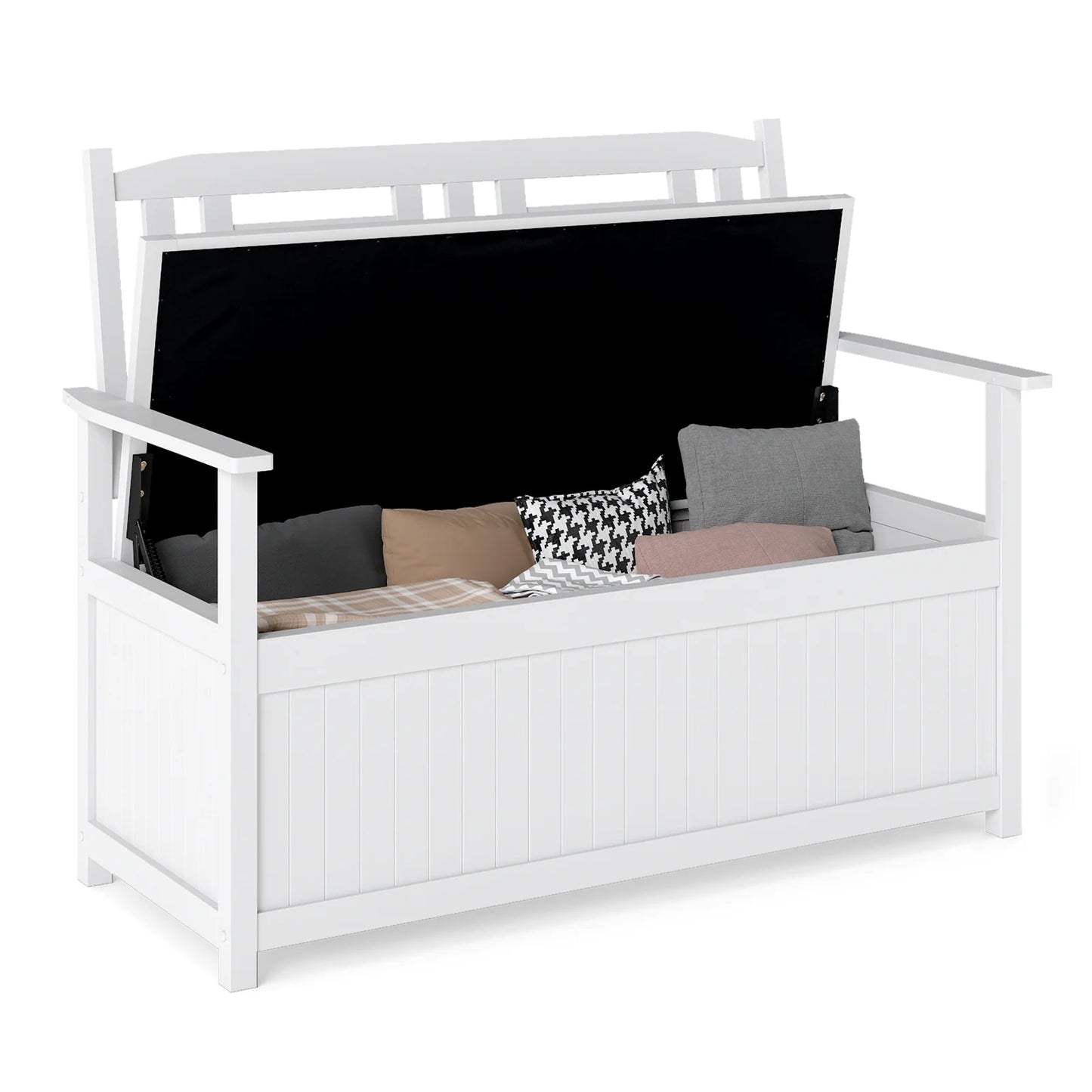 185L Patio Storage Bench Solid Wood Storage Loveseat with Backrest and Armrests-White