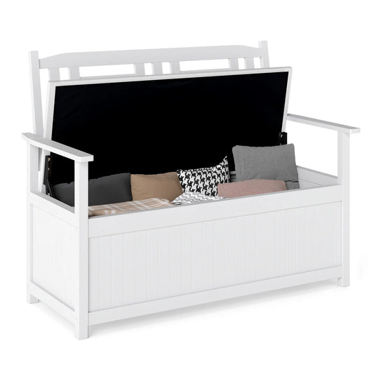 185L Patio Storage Bench Solid Wood Storage Loveseat with Backrest and Armrests-White