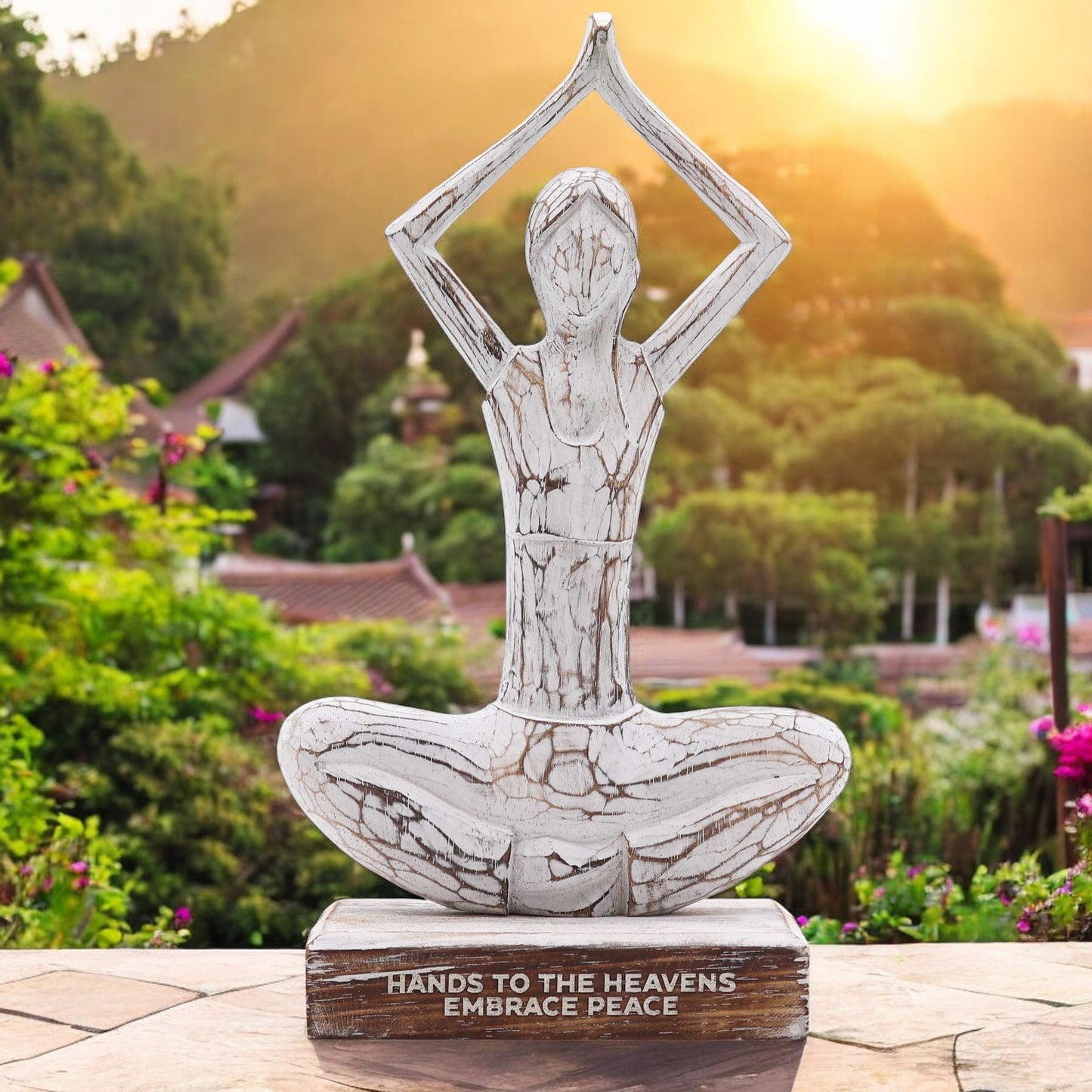 Wooden Yoga Lady - Whitewash - Hands Up Pose - "Hands to the Heavens Embrace Peace"