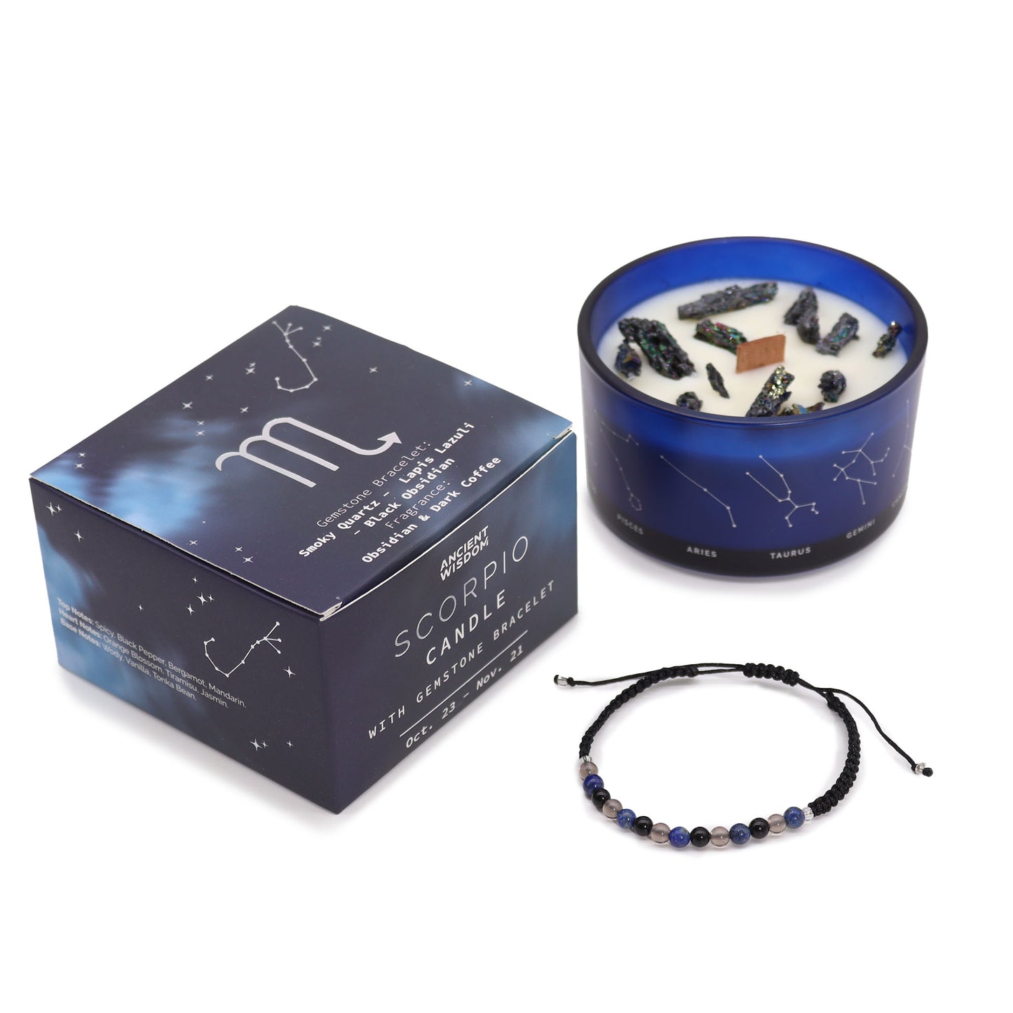 Zodiac Crystal Candle with Gemstone Bracelet - Scorpio