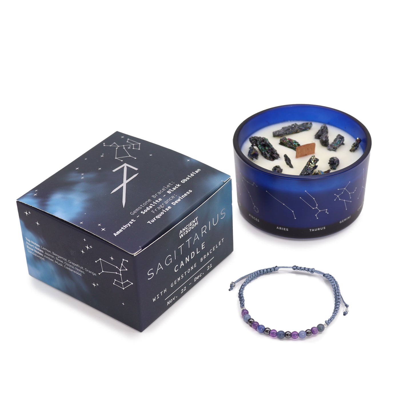 Zodiac Crystal Candle with Gemstone Bracelet - Sagittarius