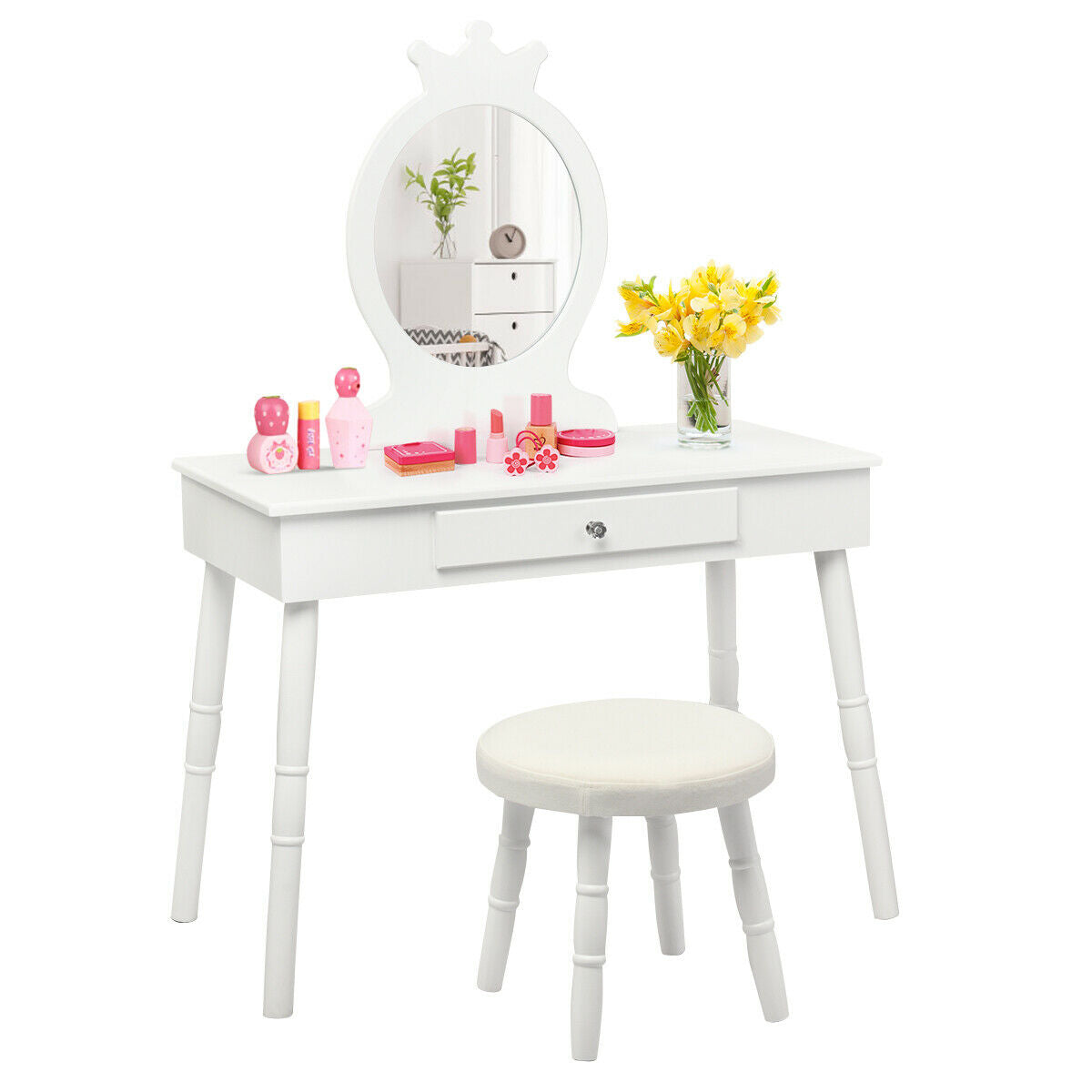 Child's Dressing Table and Cushioned Stool Set-Pink