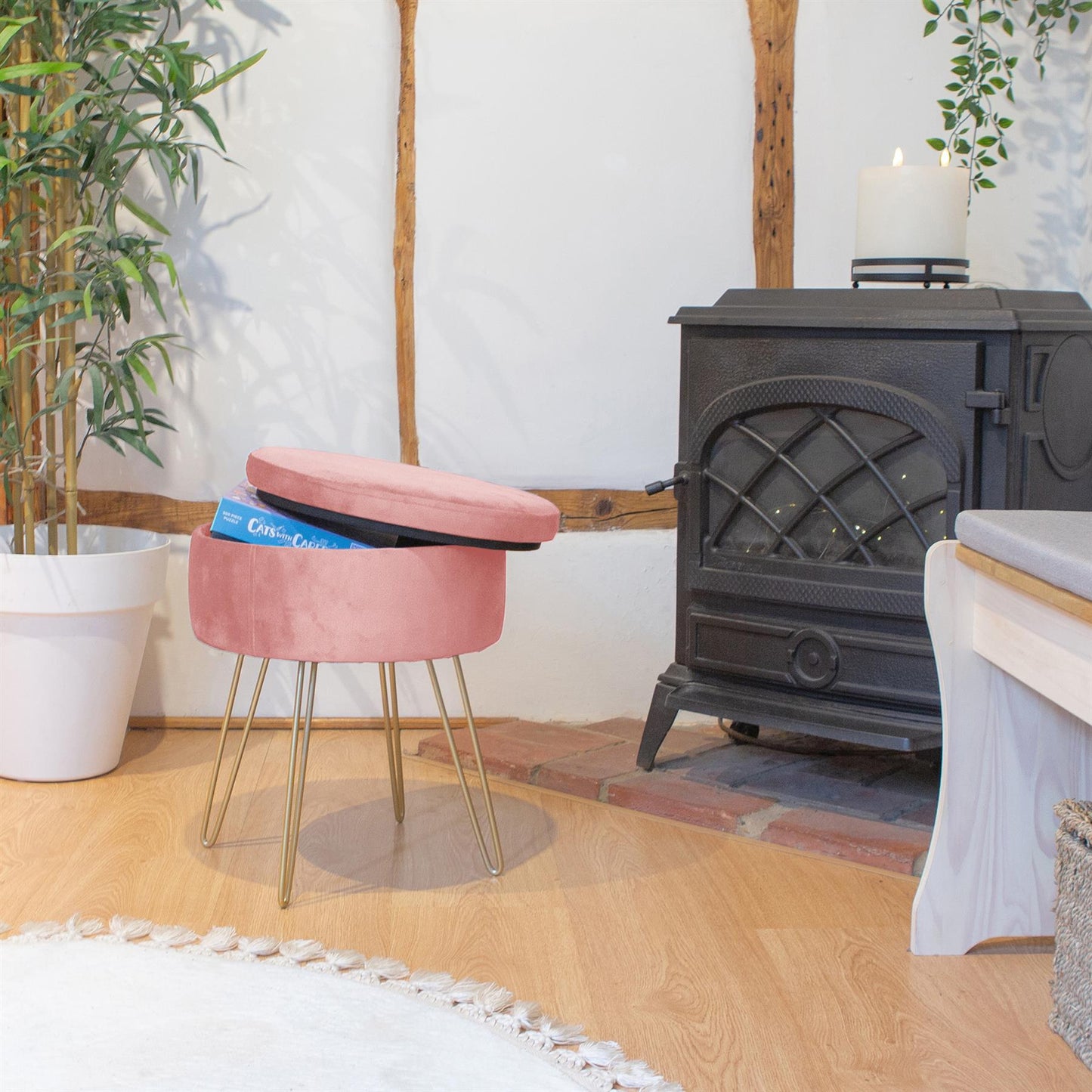 Pink Round Velvet Storage Footstool