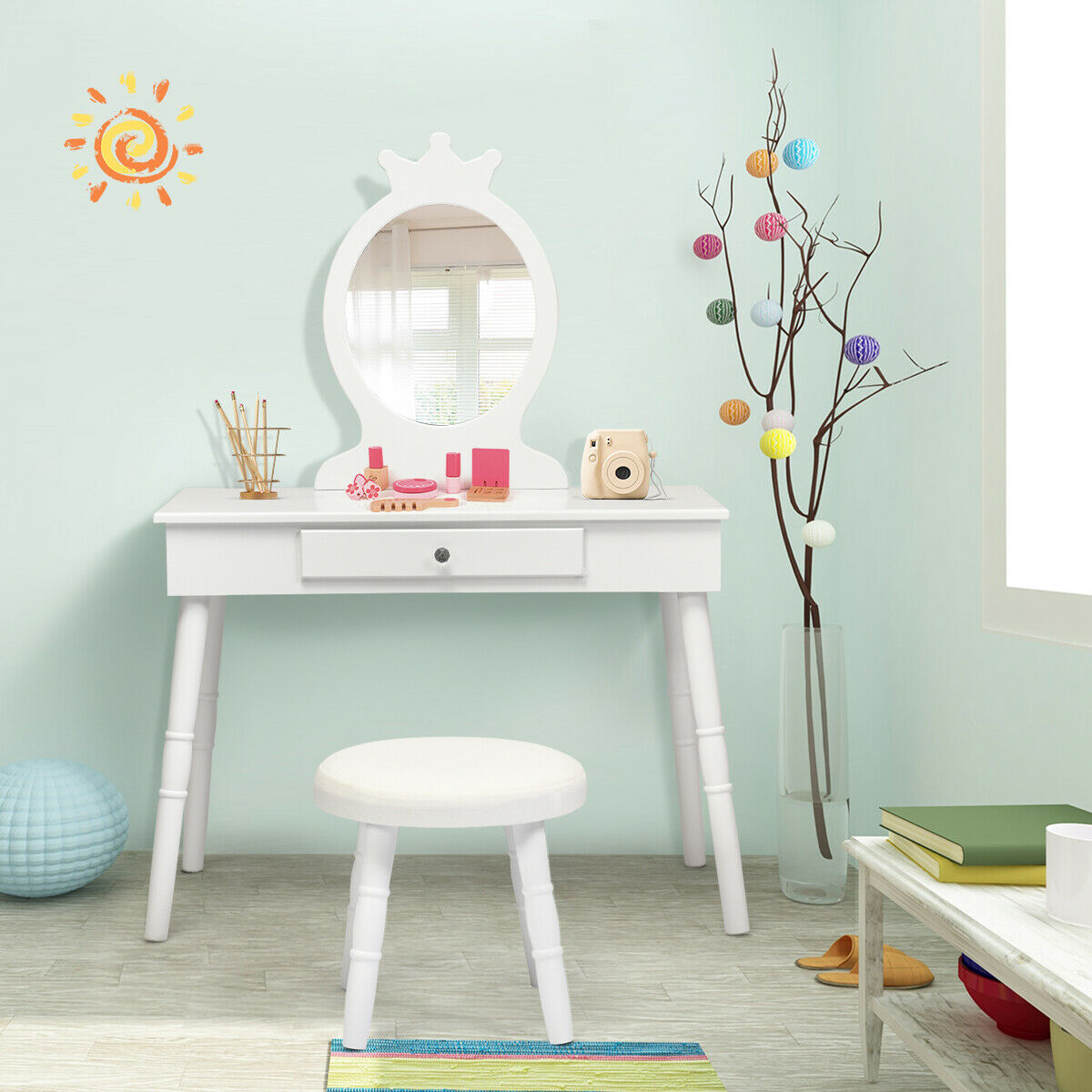 Child's Dressing Table and Cushioned Stool Set-Pink