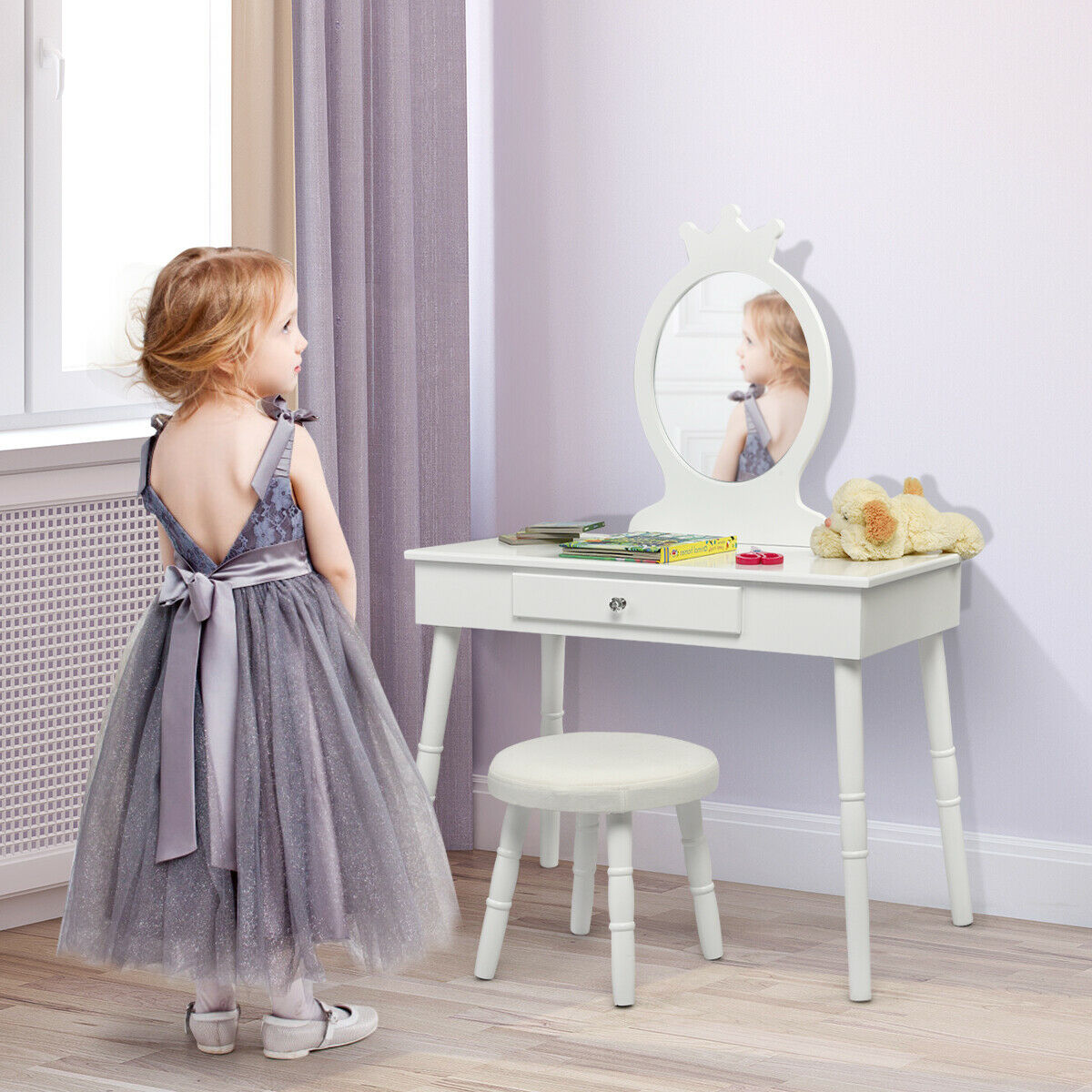 Child's Dressing Table and Cushioned Stool Set-Pink